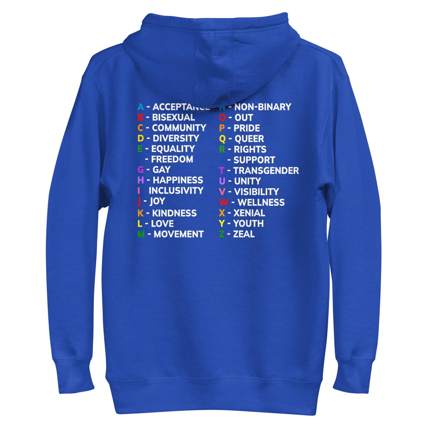 Blue Alphabet Hoodie with LGBTQ+ pride-themed words for each letter, vibrant text design, and cozy fabric. Stylish pride clothing.