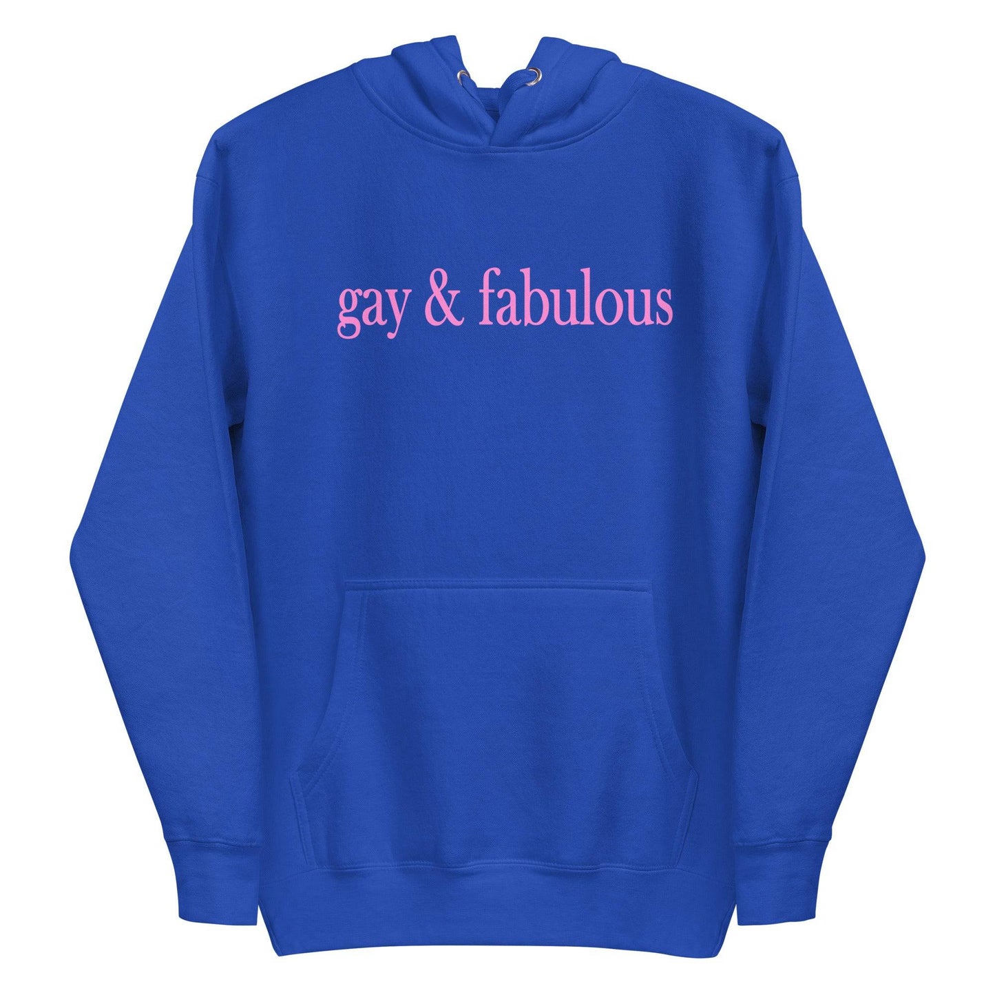 Introducing the Pridelity "Gay & Fabulous" Hoodie in maroon, featuring a front pocket and the phrase "gay & fabulous" prominently displayed in pink across the chest.