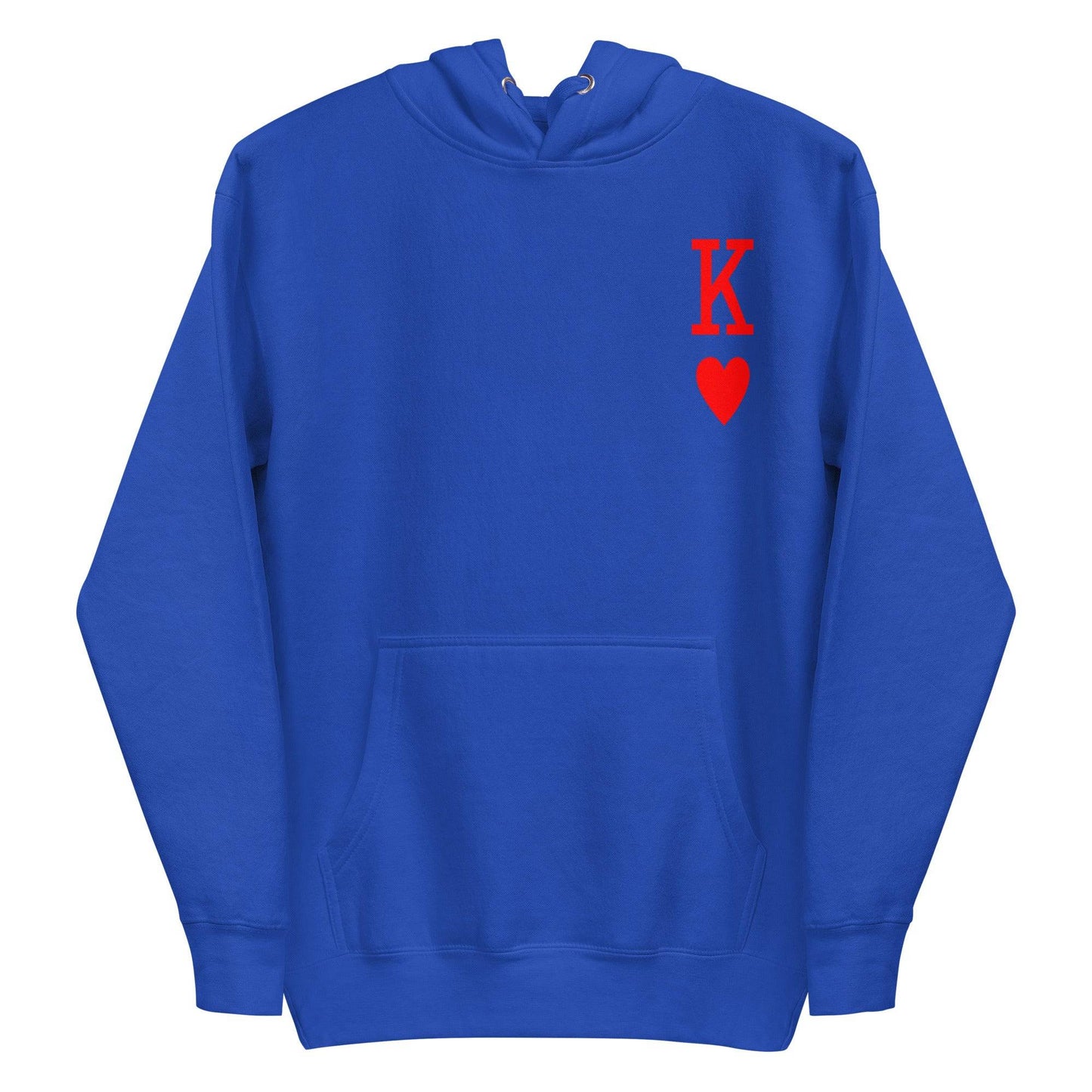 White King of Hearts Hoodie by Pridelity, adorned with a red "K" and heart symbol on the upper left side, reminiscent of a playing card design. Ideal for individuals who appreciate distinctive pride apparel with a timeless touch.