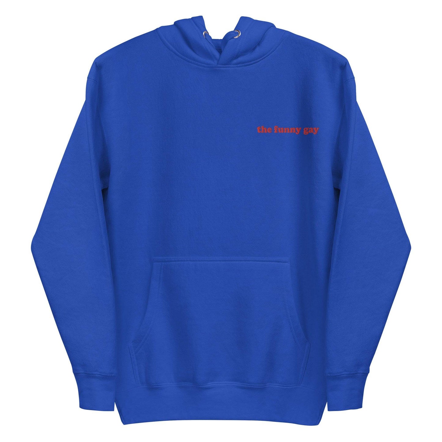 Introducing The Funny Gay Hoodie from Pridelity's pride collection – this black hoodie boasts a convenient front pocket and showcases the phrase "the funny gay" elegantly embroidered in small red letters on the upper left side. Celebrate your style with a nod to LGBTQ+ pride.