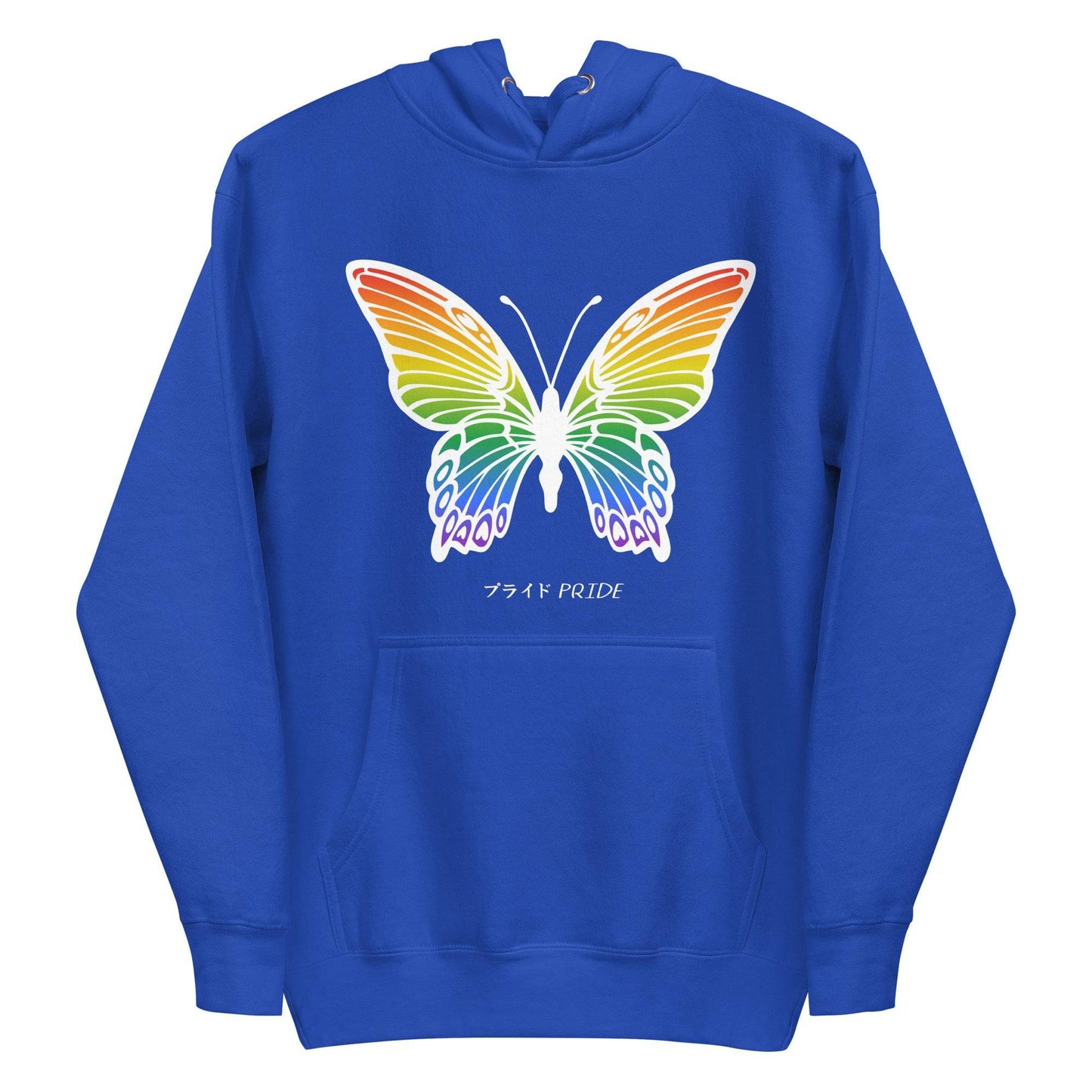 Explore the Butterfly Pride Hoodie from Pridelity, a standout piece from our Pride Collection. This purple hoodie features an impressive butterfly with vibrant rainbow wings. The design is beautifully complemented by the word "PRIDE," artistically presented in both English and Japanese, perfect for celebrating love and diversity with every wear.