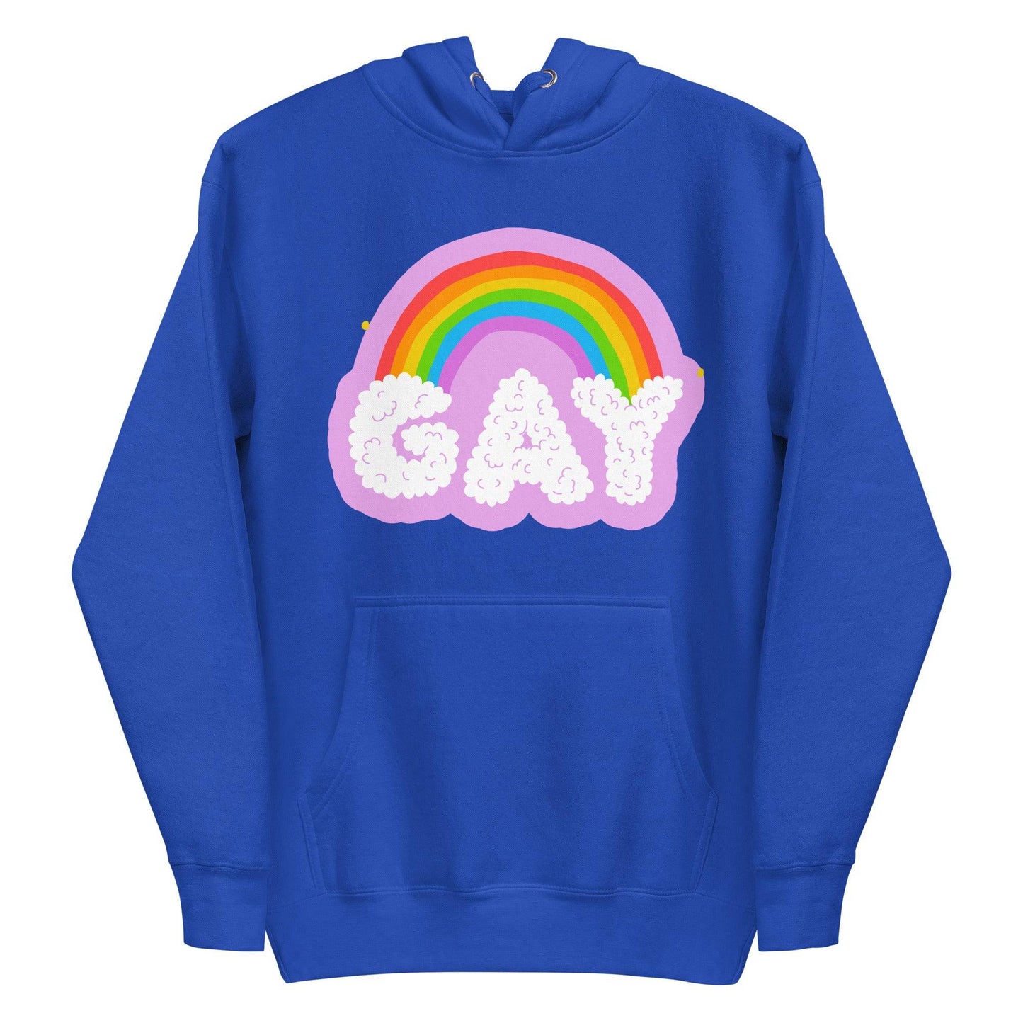 The Cloud Gay Hoodie from Pridelity's Pride Merch collection is a white hoodie showcasing a vibrant rainbow over the word "GAY" in fluffy, cloud-like letters. This bold design celebrates LGBTQ+ pride. The hoodie is equipped with a front pocket and drawstrings for added comfort.