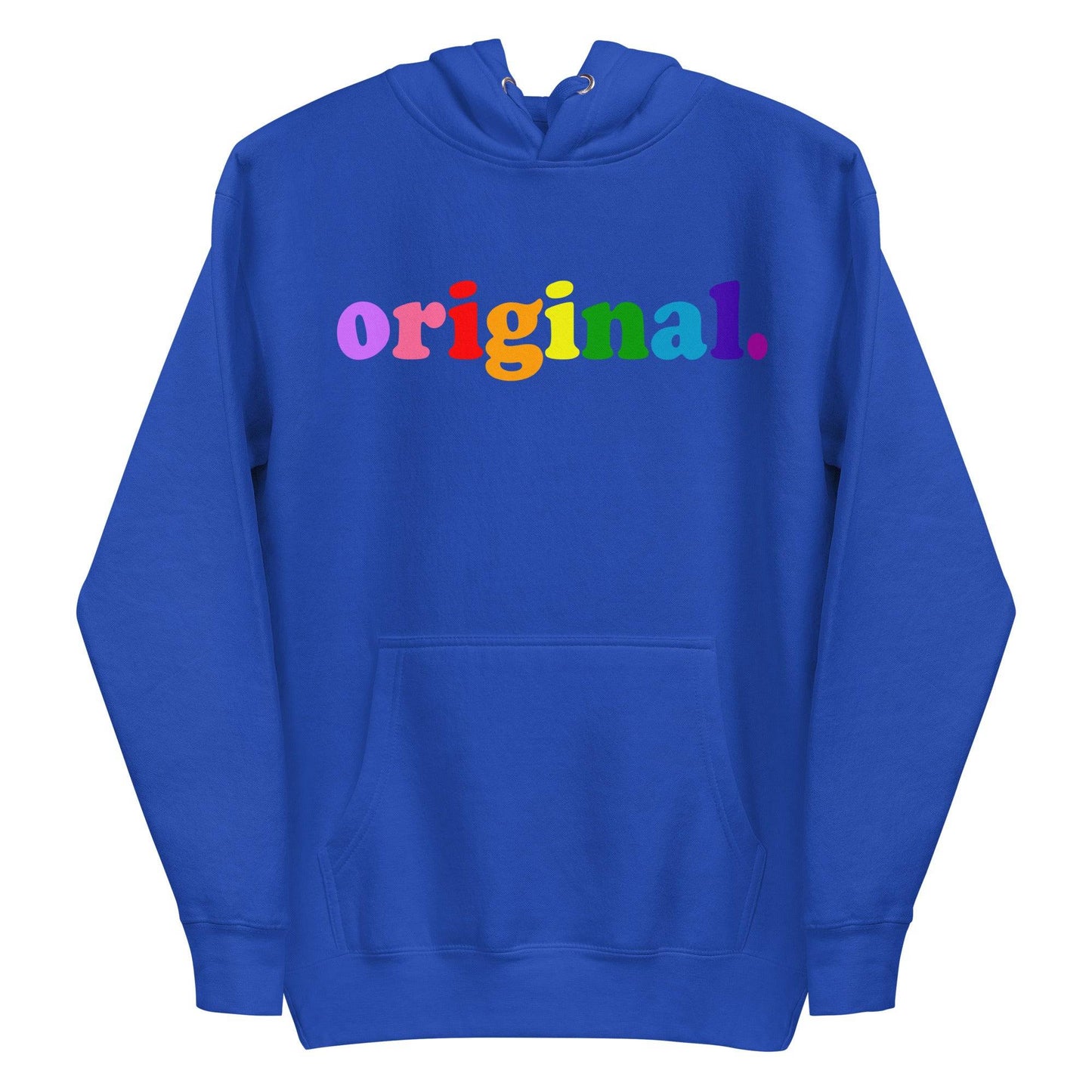 Introducing the Original Hoodie by Pridelity, a black hoodie featuring the word "original" in bold rainbow-colored letters across the chest, capturing the essence of pride shirts. It includes a front pocket and a drawstring hood for both comfort and style.