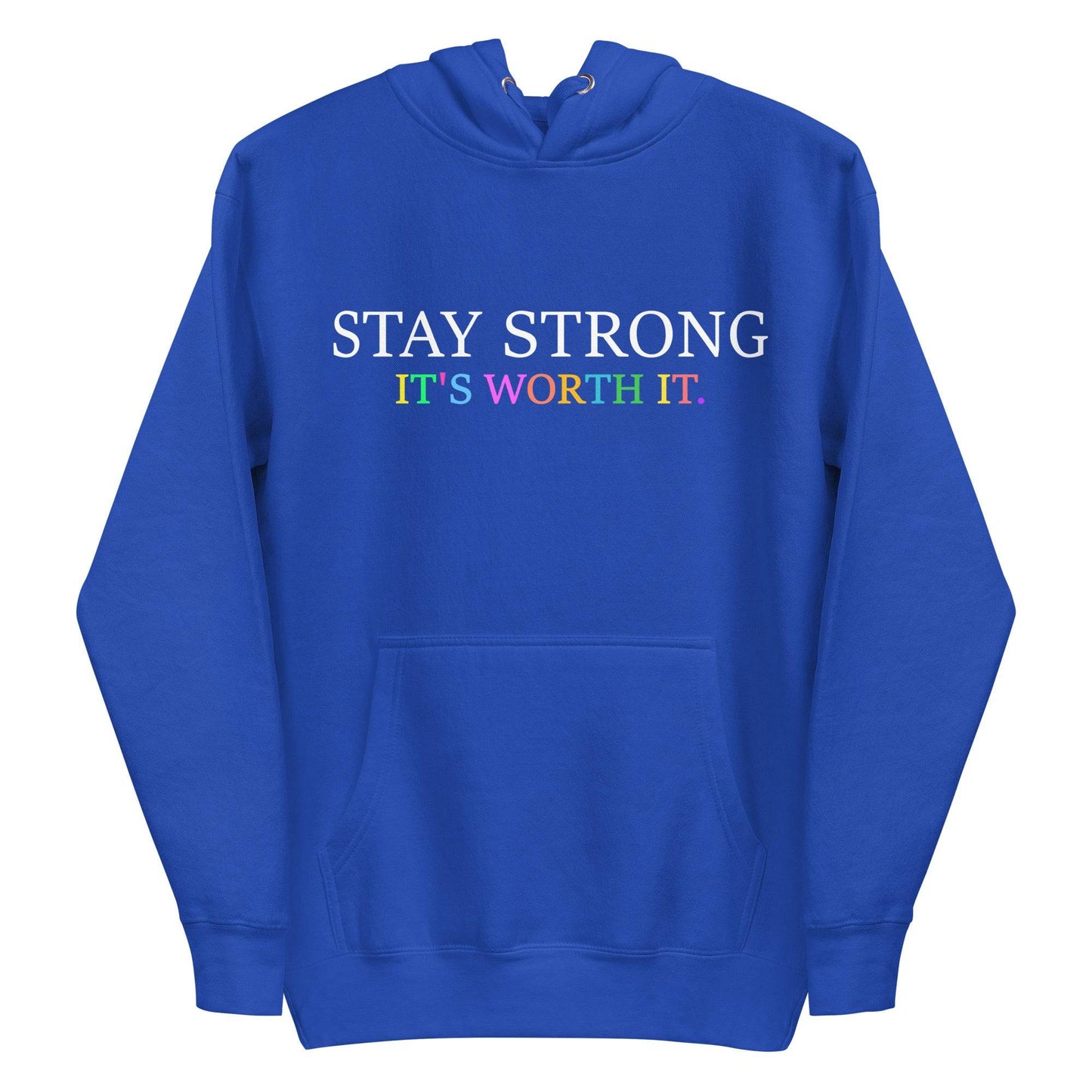 Introducing the "Stay Strong Hoodie" from Pridelity! This black hoodie, part of the pride collection, features a striking design with "STAY STRONG" in white and "IT'S WORTH IT" in vibrant, colorful letters on the front. It's the perfect way to show your support while adding a splash of LGBTQ+ pride to your wardrobe.