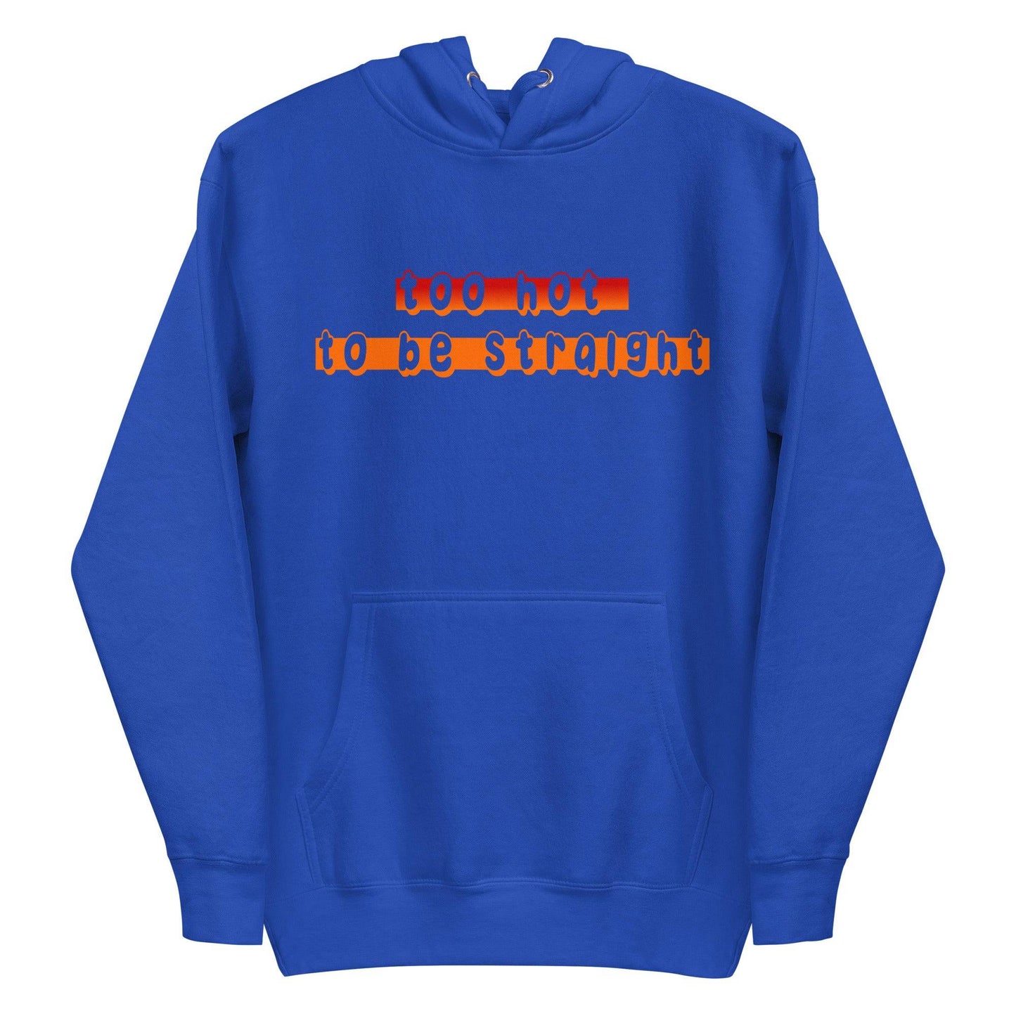 Pridelity's "Too Hot To Be Straight" hoodie is a black garment featuring a front pocket and the phrase in bold, colorful letters across the chest, part of their pride collection celebrating the LGBTQ+ community.