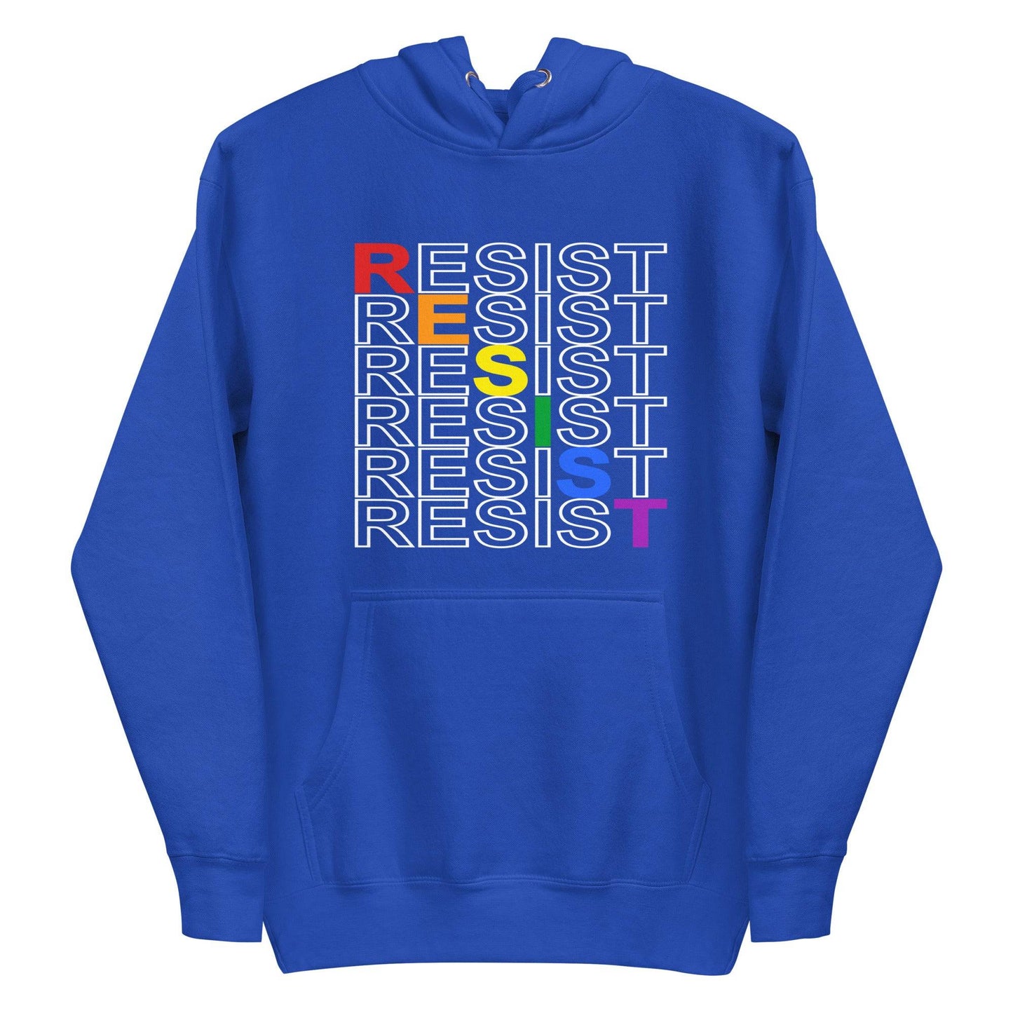 Pridelity's Resist Hoodie from the pride collection is black and showcases the word "RESIST" in white, repeated with a slight shift. Each letter in "RESIST" is adorned in vibrant LGBTQ+ colors: red, orange, yellow, green, blue, and purple.