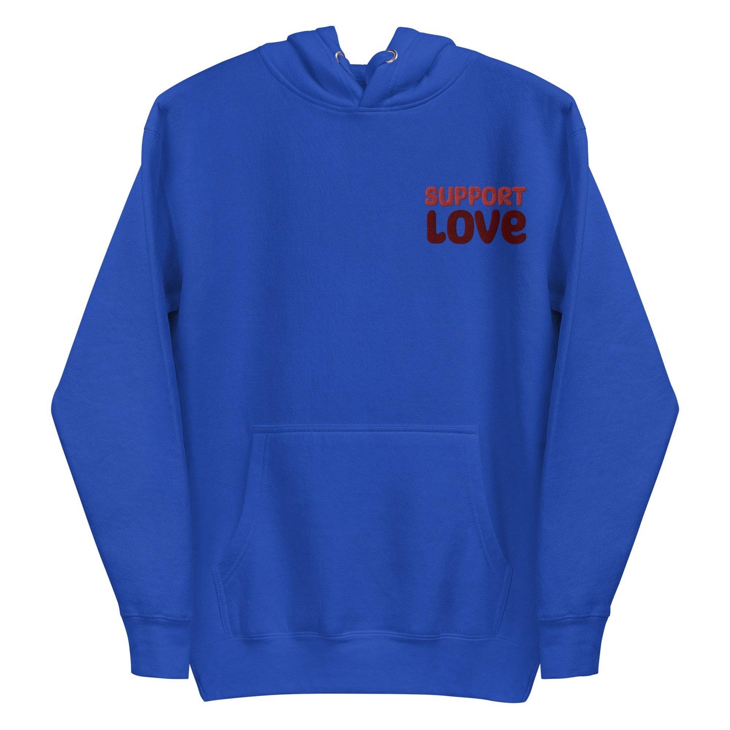 Introducing the "Support Love Hoodie" from Pridelity's pride collection. This LGBTQ+ friendly design in dusty rose boasts "Support Love" printed in dark red on the left chest area. Featuring a stylish front pocket and drawstrings, it beautifully marries fashion with a message of unity and acceptance.