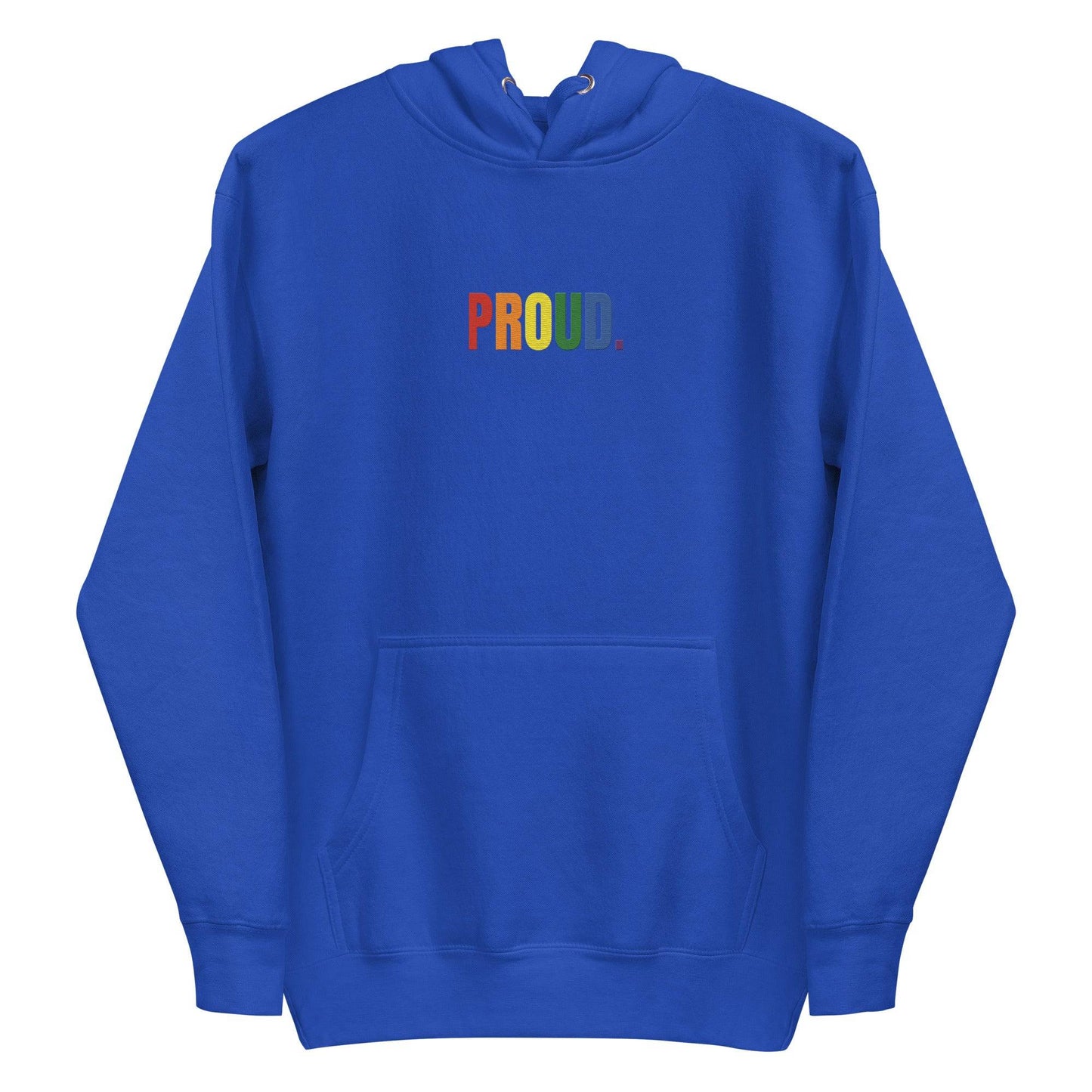 The Proud Hoodie by Pridelity is a white hoodie featuring "PROUD." in vibrant rainbow colors on the front, capturing the essence of pride shirts. It includes a convenient front pocket and an adjustable drawstring hood.