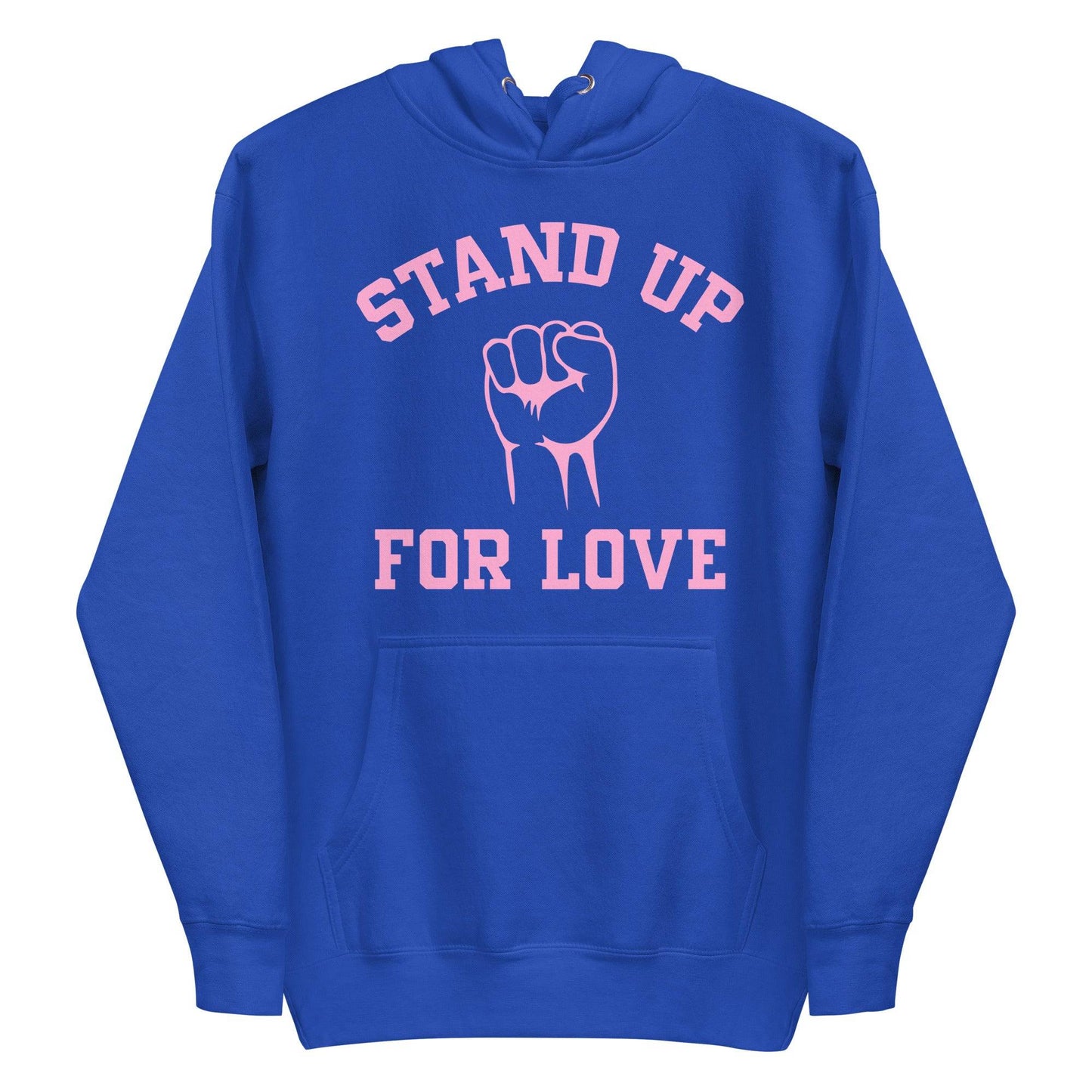 Check out the Stand Up Hoodie by Pridelity, a purple piece from our pride collection, adorned with "Stand Up For Love" in pink and a central raised fist graphic, celebrating LGBTQ+ solidarity.