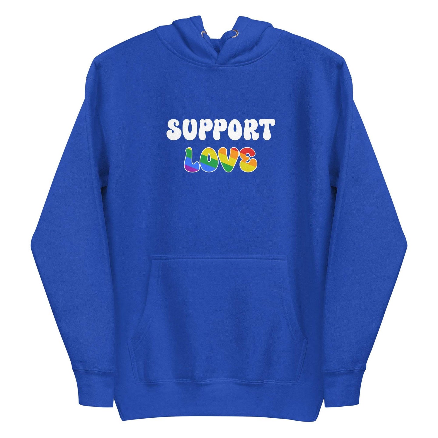 Introducing the "Support Love Hoodie" by Pridelity. This gray hoodie is from our Pride Collection and showcases "SUPPORT LOVE" prominently on the front, with "LOVE" displayed in vibrant rainbow colors. Complete with a front pocket and a drawstring hood, it's the perfect way to embrace inclusivity and show your support for the LGBTQ+ community.