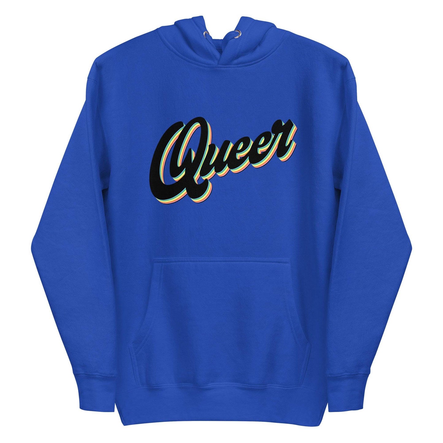 Introducing the Pridelity Queer Hoodie, part of the Pride Collection. This carbon grey hoodie proudly displays "Queer" in bold, multicolored letters with a 3D effect and rainbow accents to celebrate LGBTQ+ spirit. It comes with a front pocket and a hood with drawstrings for added comfort and style.