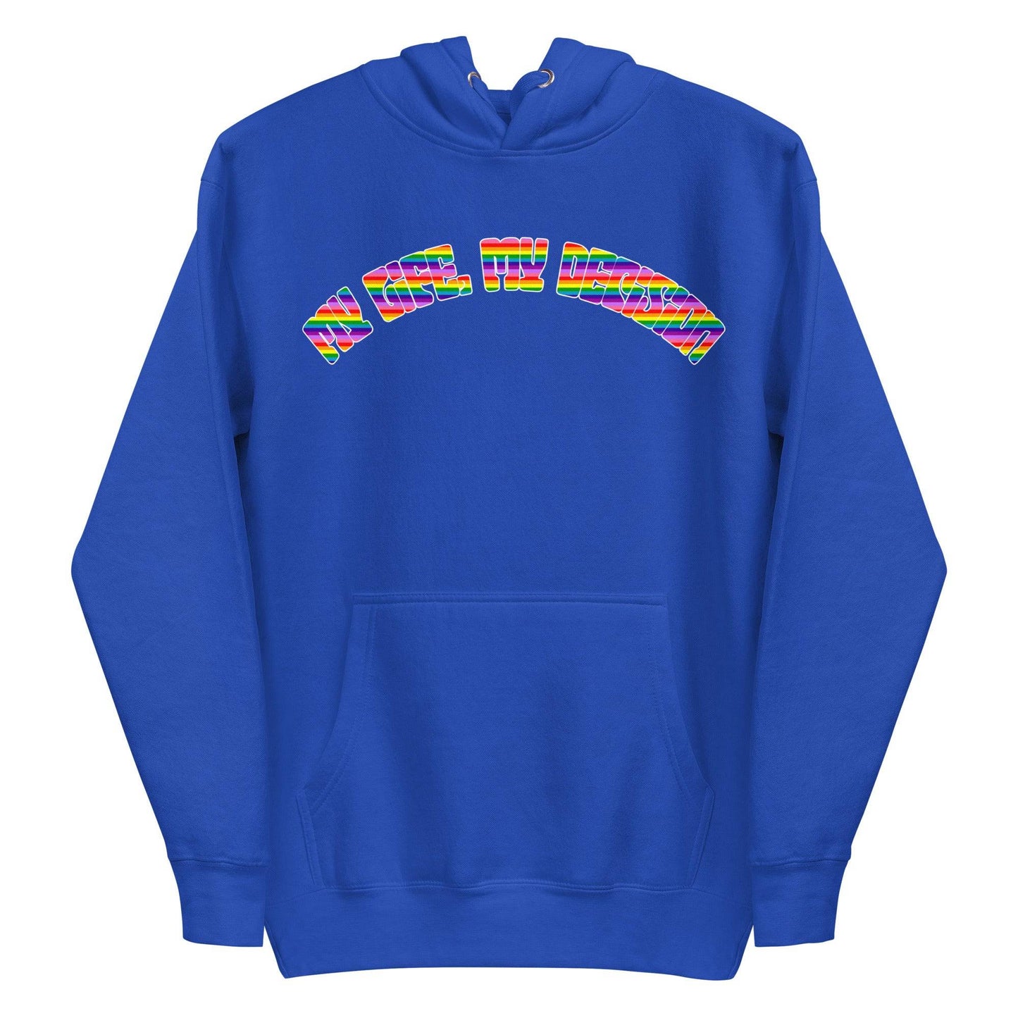 The My Life, My Decision Hoodie by Pridelity is a maroon pride hoodie showcasing "NEO HUMAN" elegantly arched across the chest in vibrant rainbow letters. It includes a front pocket and drawstrings at the hood.