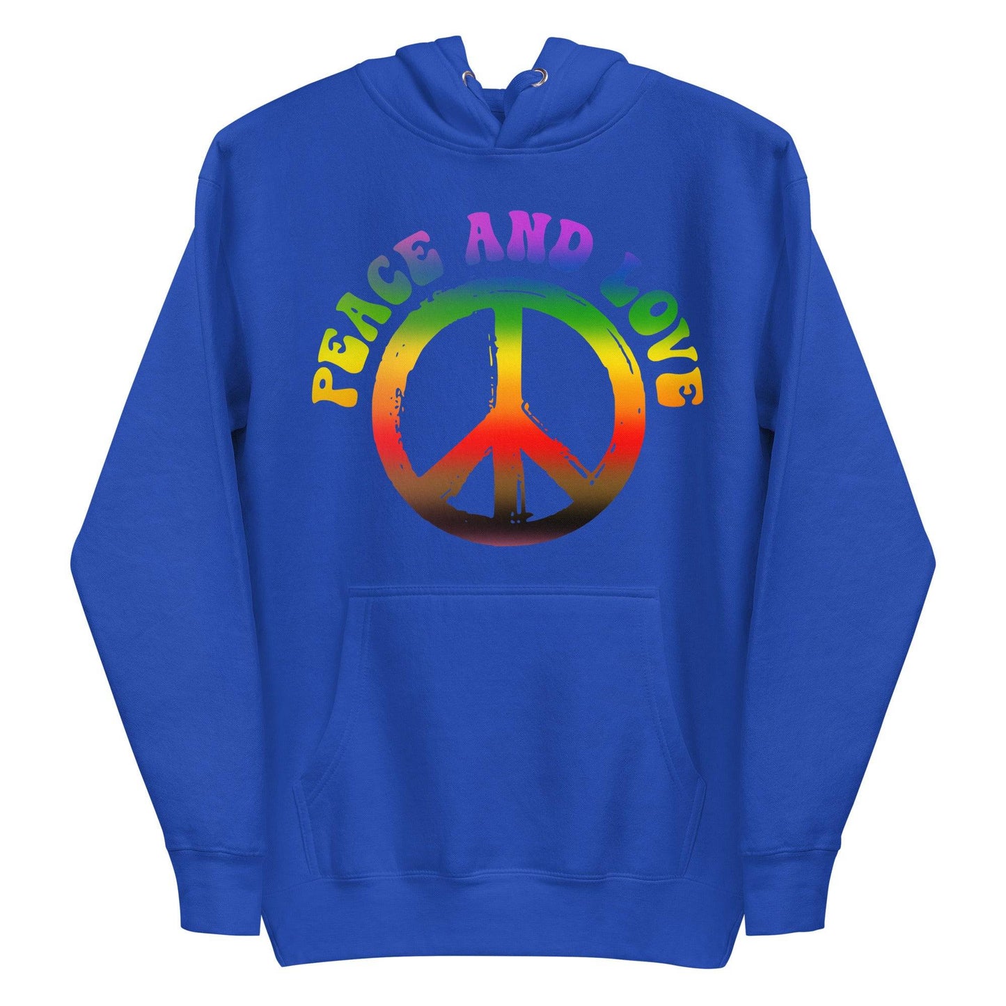 The Peace & Love Hoodie by Pridelity is a white hoodie adorned with a vibrant peace symbol and "Peace and Love" written in rainbow letters, capturing the essence of pride shirts.