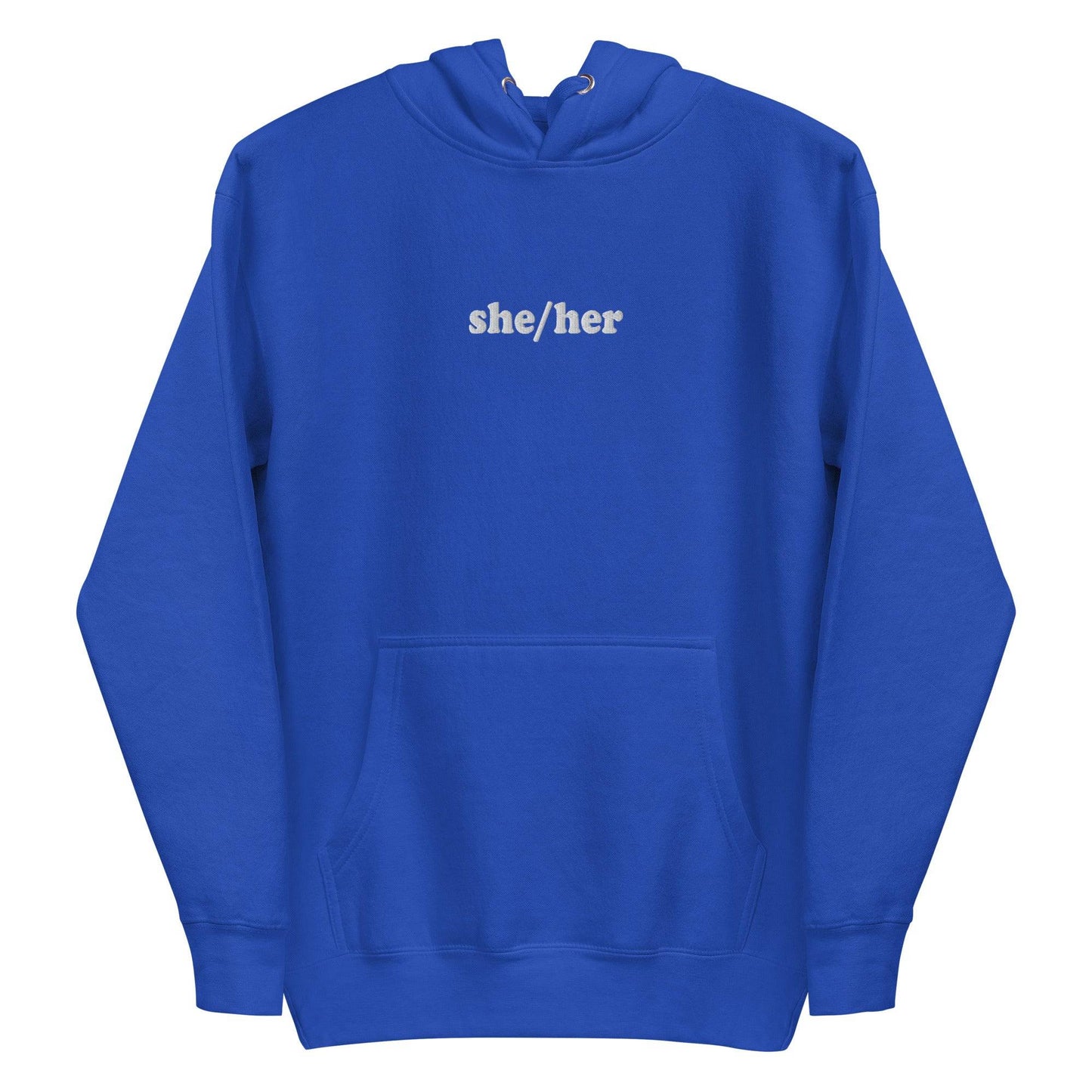 Introducing the She/Her Hoodie from Pridelity's pride collection, crafted in a maroon hue and adorned with "she/her" text in white on the chest. This hoodie features a front pocket and drawstrings at the hood, providing a straightforward and casual style ideal for promoting LGBTQ+ visibility.
