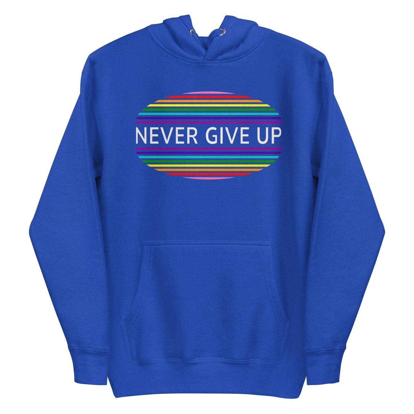 The Never Give Up Hoodie by Pridelity features a black design and showcases the inspiring message "Never Give Up" in white within a vibrant, striped oval on the chest, making it an ideal choice for those who appreciate resilience and take pride in their apparel.