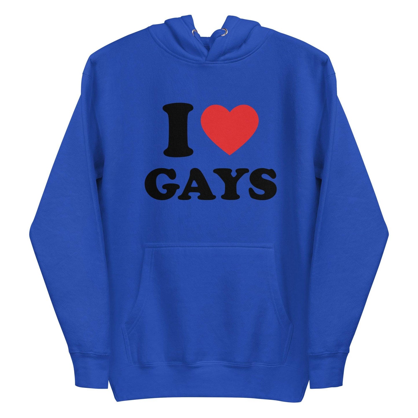 The I Love Gays Hoodie by Pridelity showcases striking black text with "I ♥ GAYS" on the front, substituting a bright red heart for "love." It includes a convenient front pocket and a drawstring hood, offering both style and comfort. This hoodie is available in white.