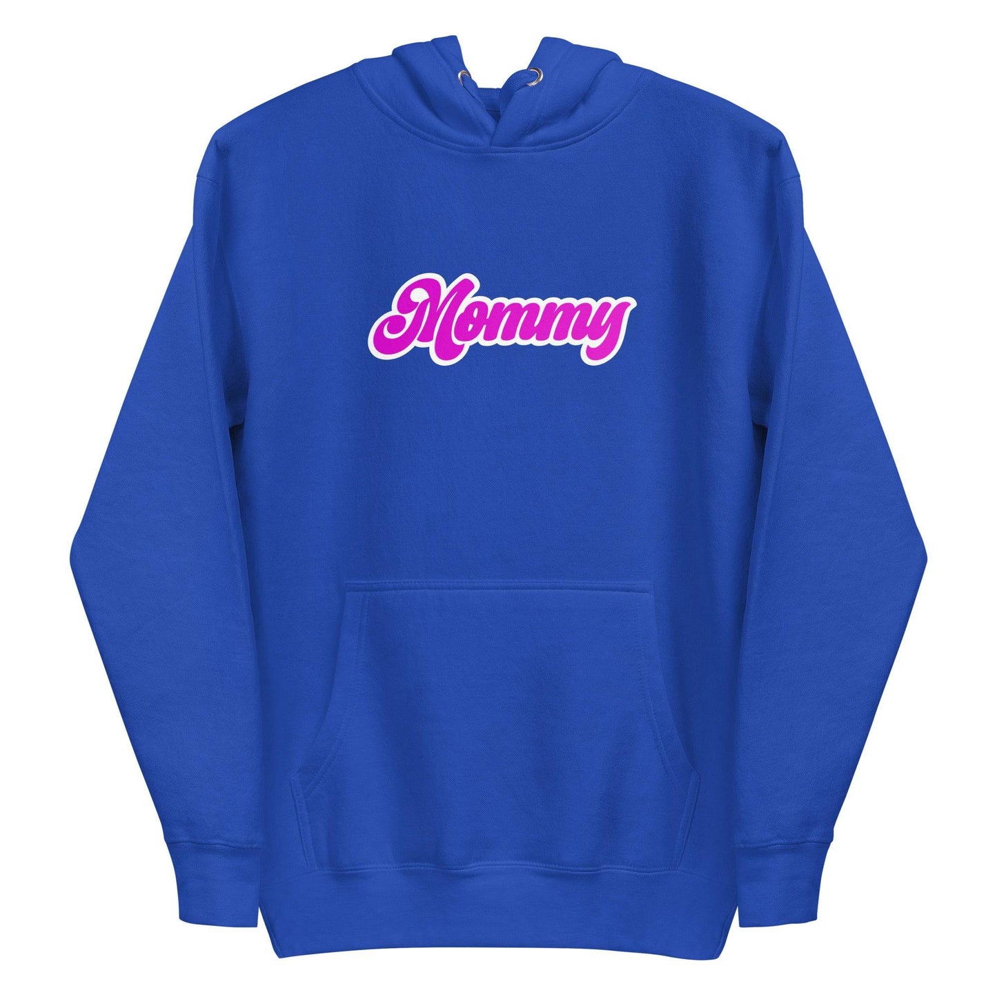 Pridelity's Mommy Hoodie in purple, featuring "Mommy" written in pink cursive across the chest, celebrates pride.