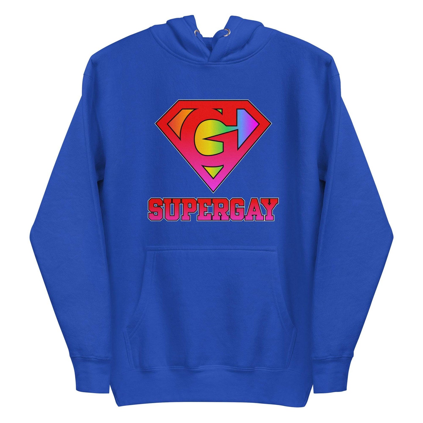 Explore the SuperGay Hoodie by Pridelity, part of our pride collection. This white hoodie features a rainbow-colored "S" shield design reminiscent of a superhero logo, with bold pink letters spelling out "SUPERGAY" below, celebrating LGBTQ+ pride in vibrant style.