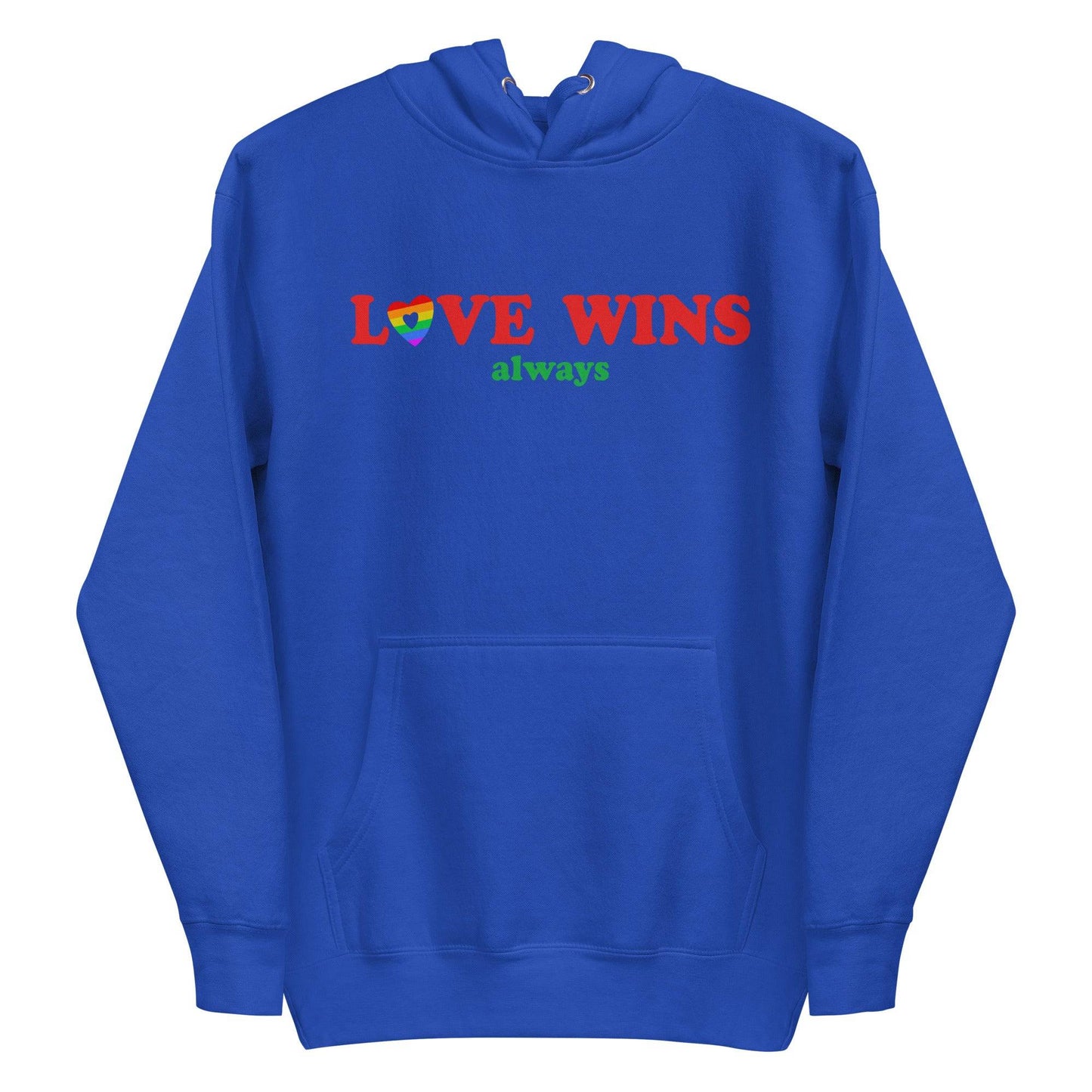 Introducing the Love Wins, Always Hoodie by Pridelity in Team Royal. This cozy garment is perfect for proudly expressing yourself, featuring the phrase "LOVE WINS always" with charming rainbow-colored "O" and "S." Complete with a front pocket and adjustable drawstrings, it offers both comfort and style.