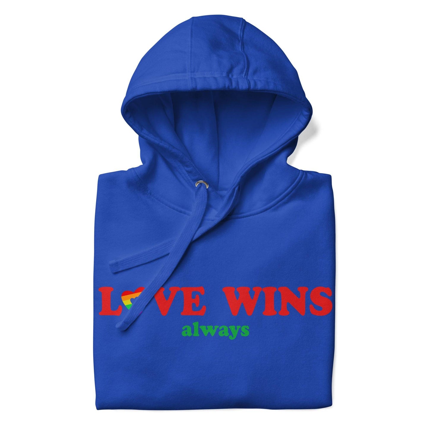 Introducing the Love Wins, Always Hoodie by Pridelity in Team Royal. This cozy garment is perfect for proudly expressing yourself, featuring the phrase "LOVE WINS always" with charming rainbow-colored "O" and "S." Complete with a front pocket and adjustable drawstrings, it offers both comfort and style.