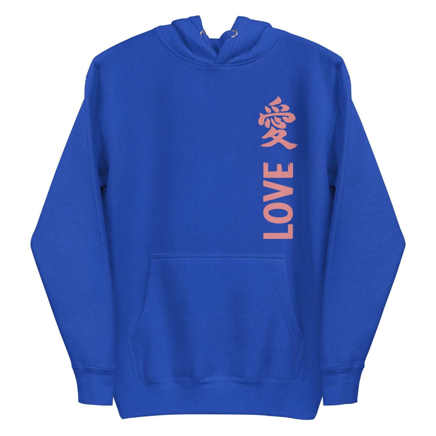 The Love Kanji Hoodie from Pridelity is a black piece featuring the word "LOVE" in pink capital letters running vertically on the front, coupled with a pink stylized Chinese character. This pride-inspired hoodie is designed with a front pocket and drawstring hood, seamlessly blending style with a bold expression of love.