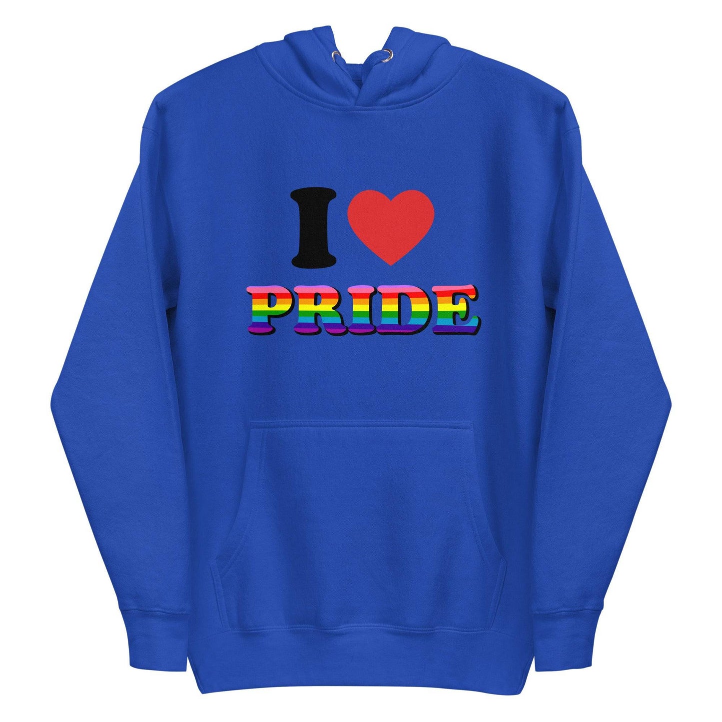 Introducing the I Love Pride Hoodie from Pridelity, a stylish white hoodie showcasing "I ❤️ PRIDE" on the front with "PRIDE" glowing in vibrant rainbow colors—ideal for pride enthusiasts.