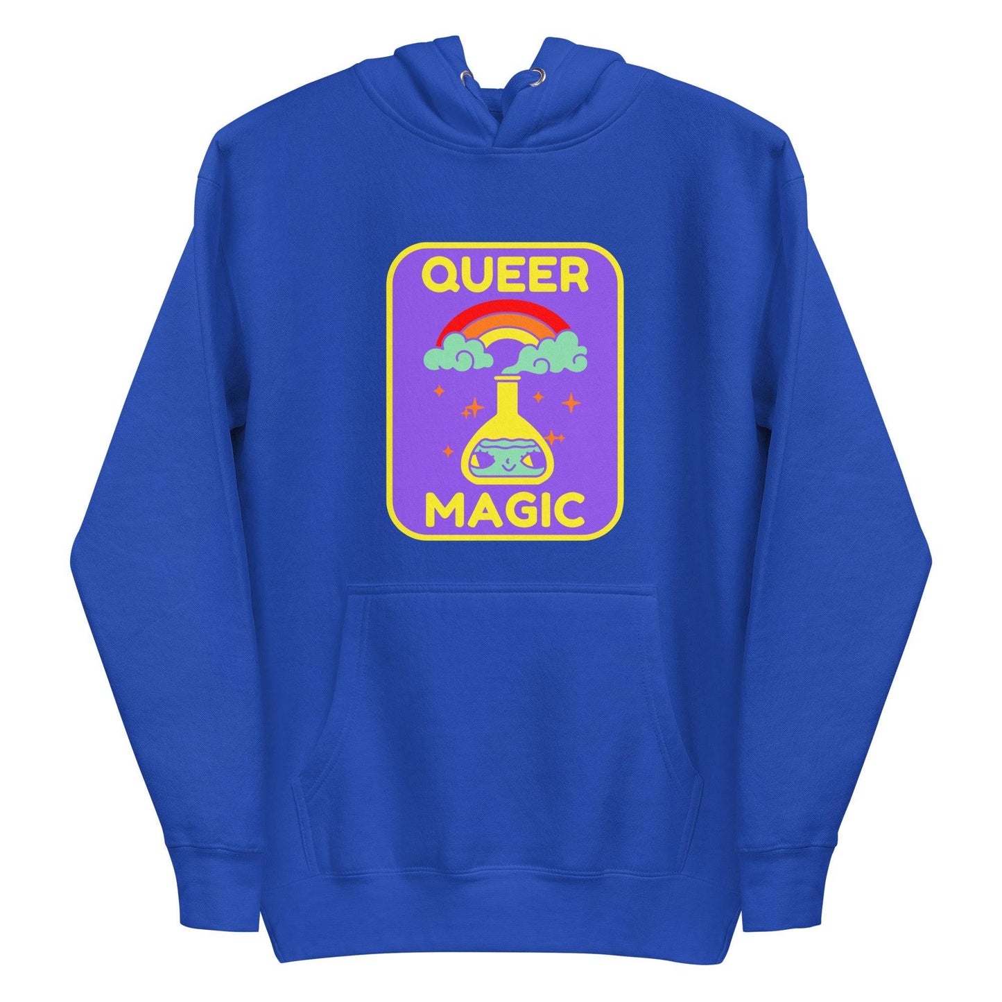 Introducing the "Queer Magic Hoodie" by Pridelity, a stylish piece from our pride collection. This purple hoodie features a vibrant design of a potion bottle with a smiling face, set amidst clouds and a rainbow. The phrase "Queer Magic" is elegantly printed above and below the illustration, celebrating LGBTQ+ spirit with flair.