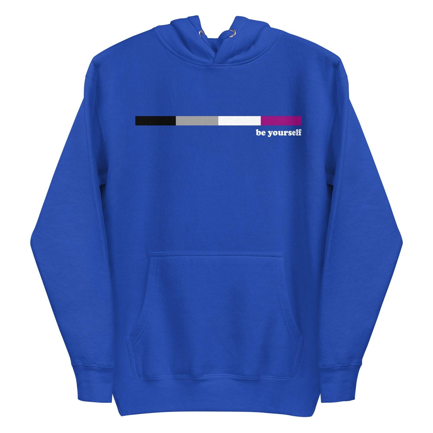 Presenting the Asexual Hoodie by Pridelity: a maroon hoodie adorned with a horizontal bar design in a pride-inspired gradient of black, gray, white, and pink. The phrase "be yourself" is elegantly printed in white on the right side of the design. Featuring a front pouch pocket, this hoodie makes an ideal addition to your Pride Merch collection.