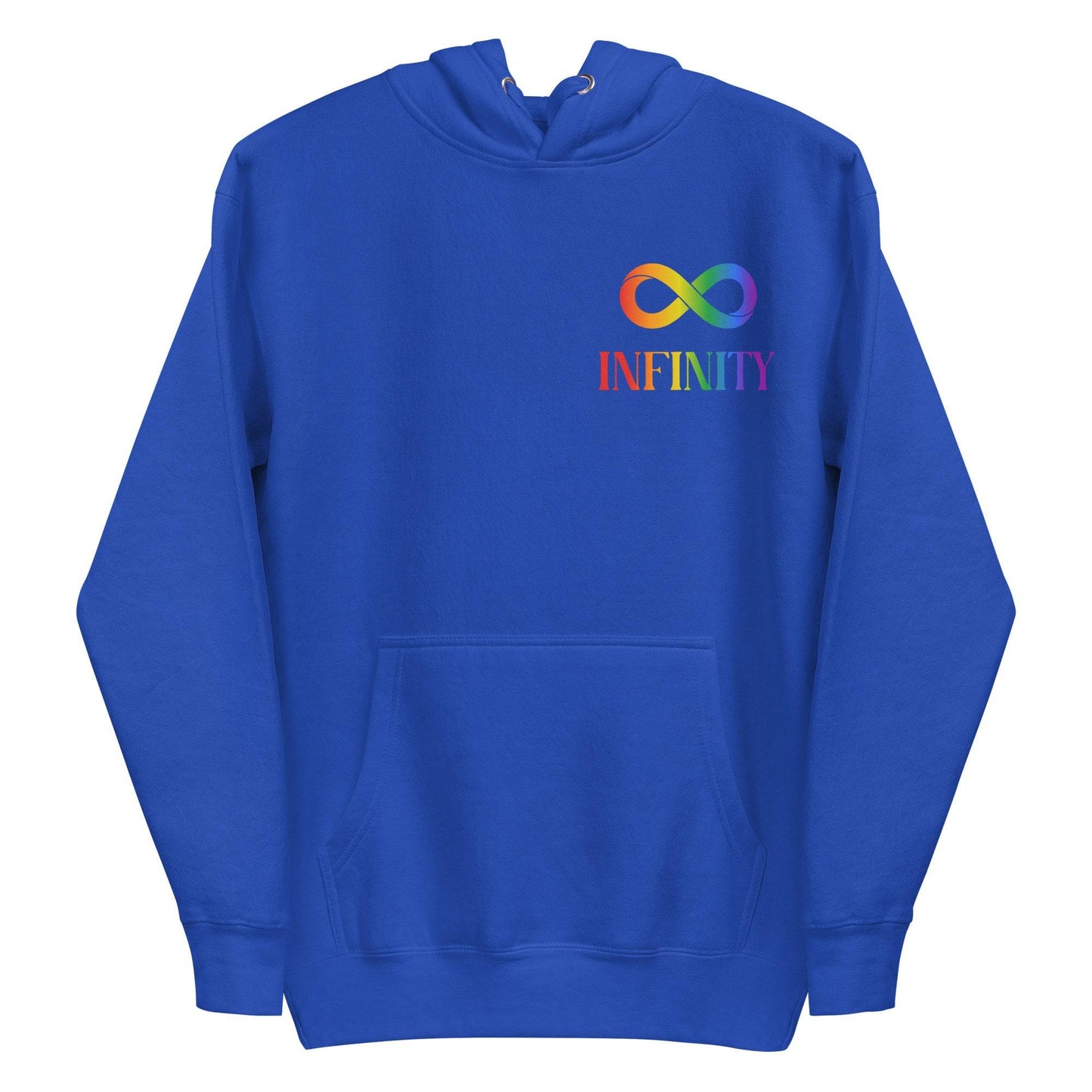 Introducing the Infinity Hoodie by Pridelity, a black hoodie adorned with a vibrant gradient rainbow infinity symbol and the word "INFINITY" on the chest. This design celebrates pride by allowing you to express your true colors and embrace diversity, making it a standout choice among pride shirts.