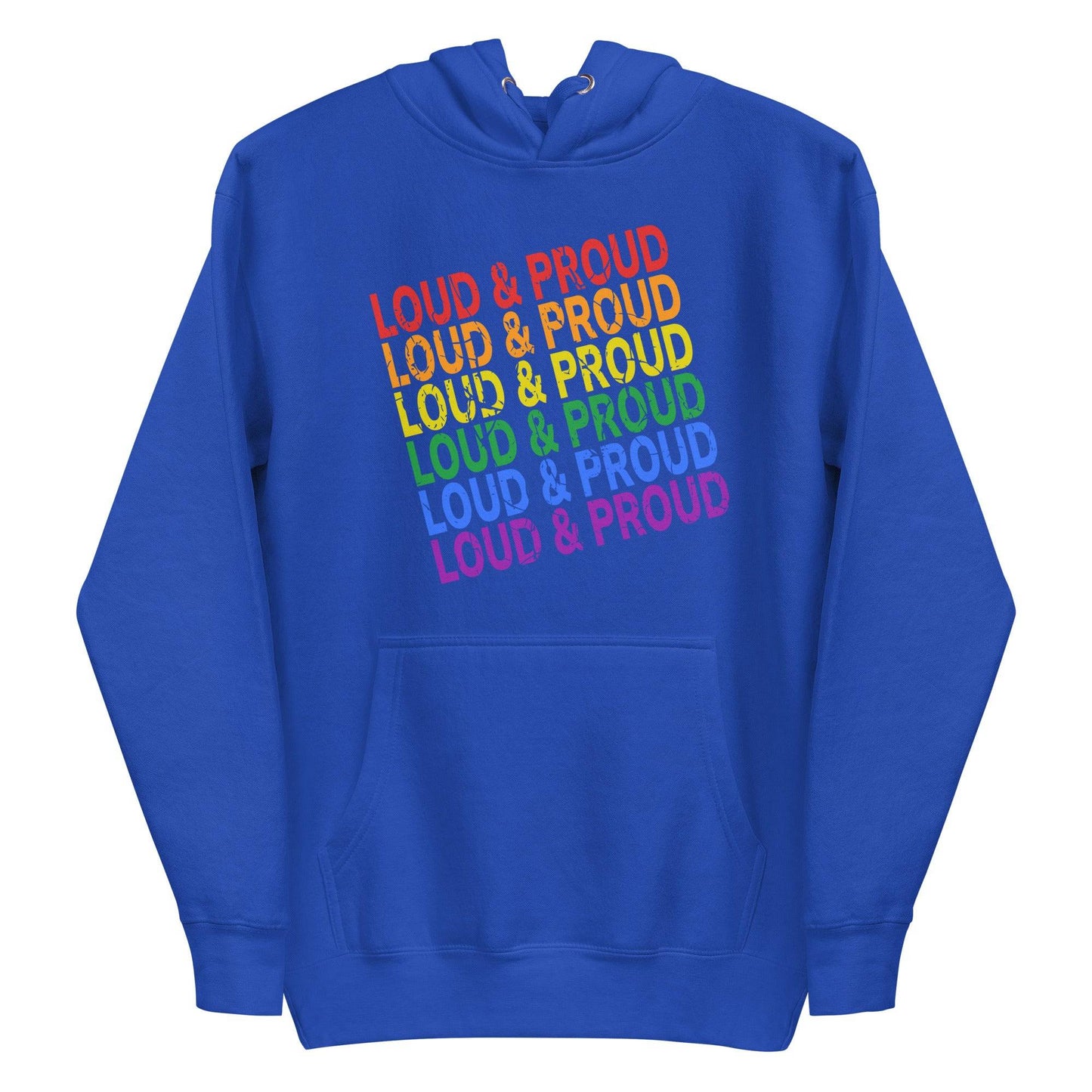 Introducing the Loud & Proud Hoodie by Pridelity: A black hoodie featuring the phrase "LOUD & PROUD" repeated in bold, eye-catching gradient letters. Ideal for those who love pride-themed apparel and wish to showcase their vibrant spirit with flair.