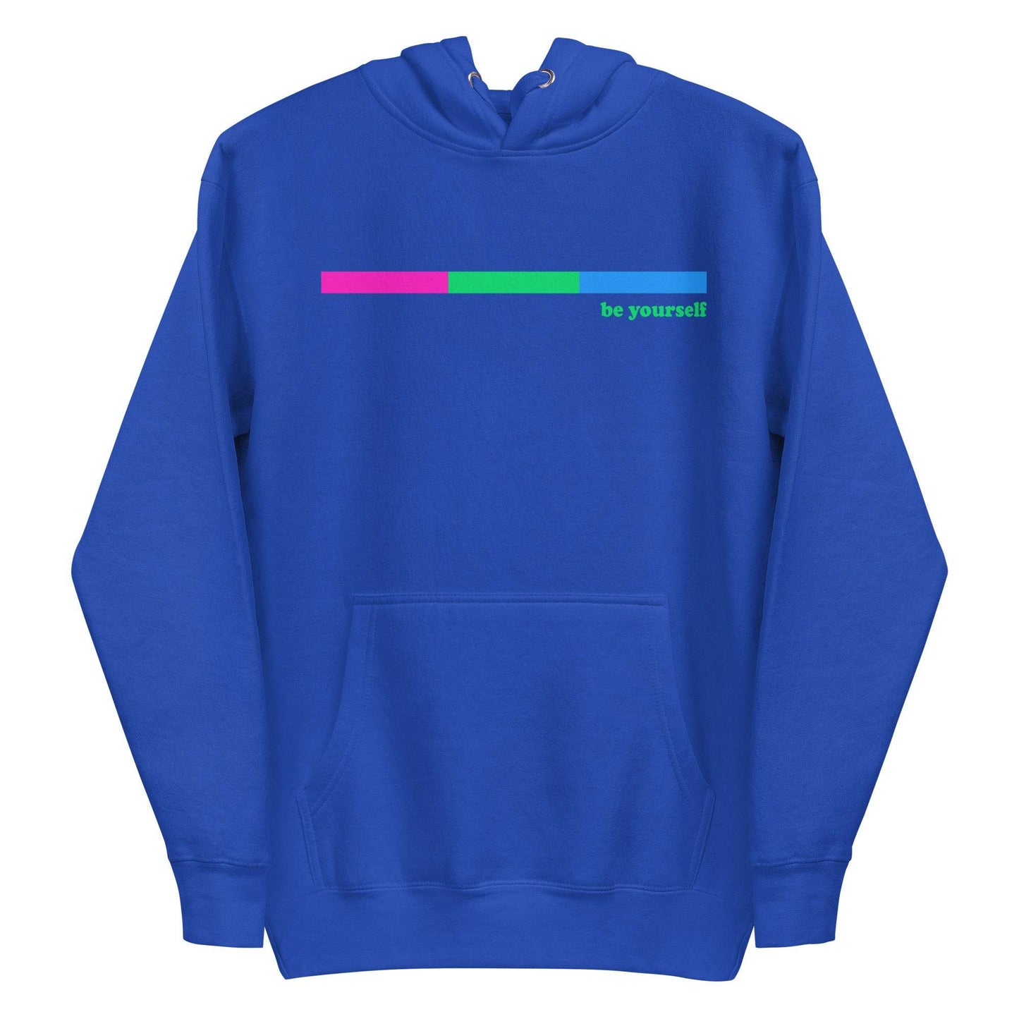 Introducing the Polysexual Hoodie by Pridelity: This black hoodie combines comfort and style with its front pocket and drawstring hood. It features a design inspired by pride shirts, showcasing a horizontal bar shaded pink and green on one side, accompanied by the phrase "be yourself" in green text on the right.
