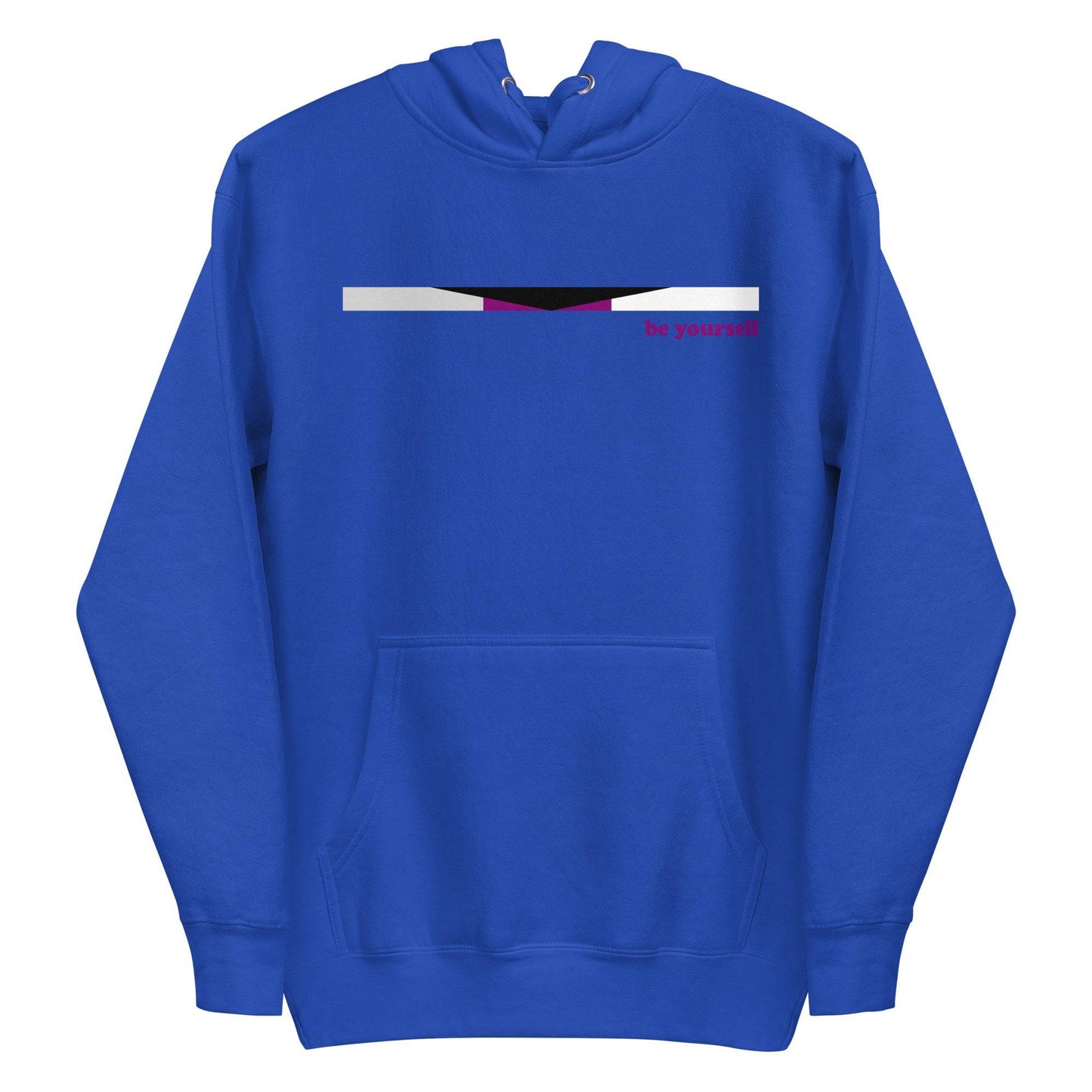 The Demisexual Hoodie by Pridelity is a stylish purple hoodie that highlights a small pride flag design across the chest, featuring black, gray, white, and purple stripes. Bold red text beside the flag reads "be yourself." It also includes a convenient front pocket and a cozy drawstring hood for ultimate comfort.