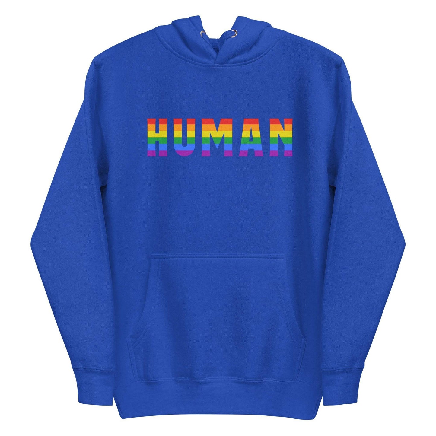 A folded Human Hoodie by Pridelity, featuring the word "HUMAN" prominently displayed in bold, rainbow-colored letters on the front. The black pride hoodie has its hood up, with untied drawstrings resting on the fabric.