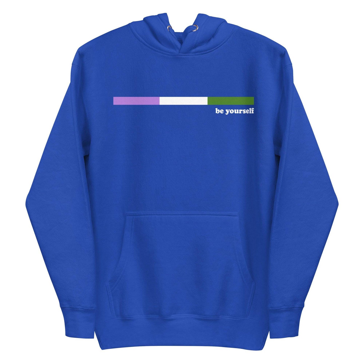 The Genderqueer Hoodie by Pridelity showcases a purple design with a genderfluid pride flag on the chest. Displaying the phrase "be yourself" in white next to the flag, it includes a front pocket and drawstring hood, making it ideal for expressing your true self in style.