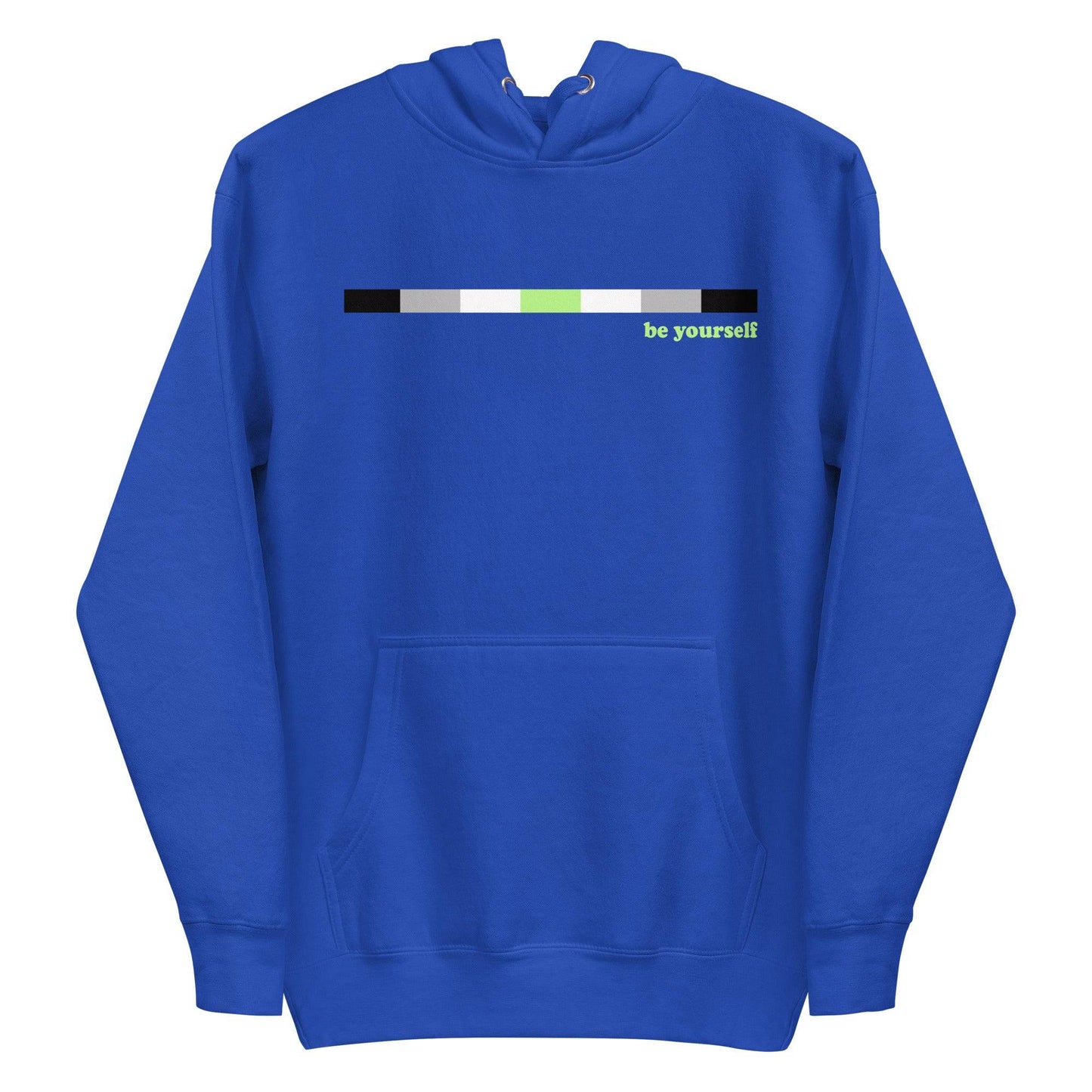 Introducing the Pridelity Agender Hoodie: a navy blue hoodie featuring a horizontal color bar in black, gray, white, and green. Adjacent to the bar on the right side is green text that reads "be yourself." This exclusive item from our Pride Collection includes a front pocket and drawstring hood.