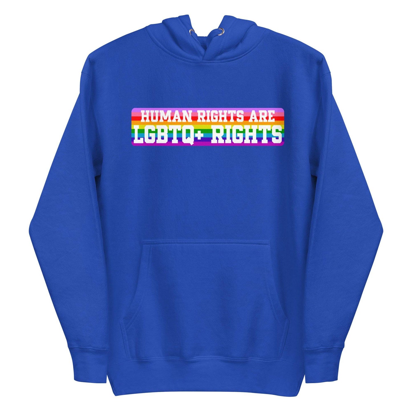 Introducing the Pridelity LGBTQ+ Rights Hoodie, a striking white garment that makes a powerful fashion statement. It features an eye-catching text design with the message "Human Rights Are LGBTQ+ Rights" set against a lively rainbow backdrop, capturing the essence of pride apparel with its inspiring message.