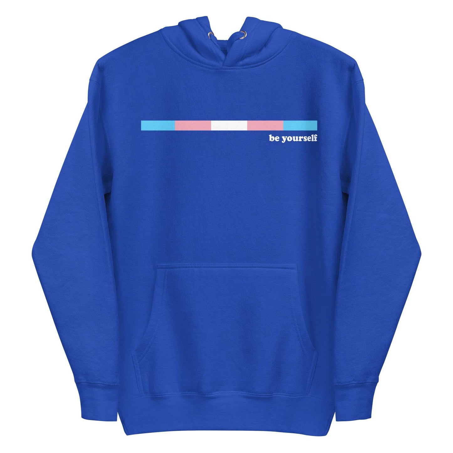 Celebrate your LGBTQ+ pride with Pridelity's Trans Hoodie in Team Royal. This stylish hoodie features a front pocket and a thin horizontal gradient bar of blue, pink, and white. Next to it, you'll find the empowering message "be yourself" printed in crisp white.