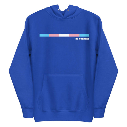 Celebrate your LGBTQ+ pride with Pridelity's Trans Hoodie in Team Royal. This stylish hoodie features a front pocket and a thin horizontal gradient bar of blue, pink, and white. Next to it, you'll find the empowering message "be yourself" printed in crisp white.