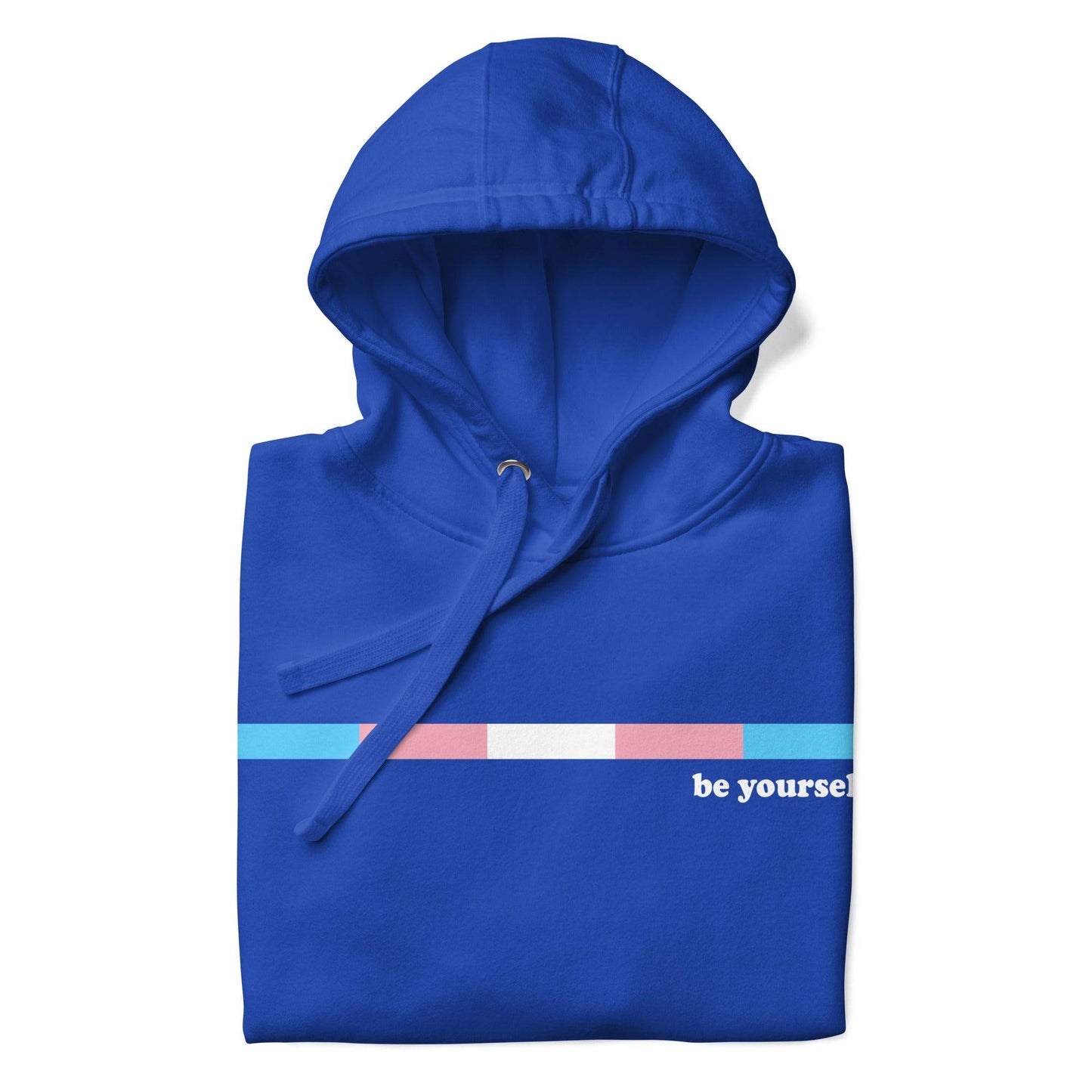 Celebrate your LGBTQ+ pride with Pridelity's Trans Hoodie in Team Royal. This stylish hoodie features a front pocket and a thin horizontal gradient bar of blue, pink, and white. Next to it, you'll find the empowering message "be yourself" printed in crisp white.