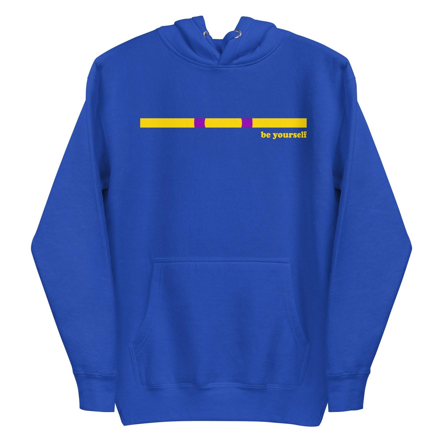The Intersex Hoodie by Pridelity, in black, features a horizontal yellow and purple bar above the chest with "be yourself" in yellow on the right. It includes a front pocket and drawstring hood, offering a comfortable yet empowering style.