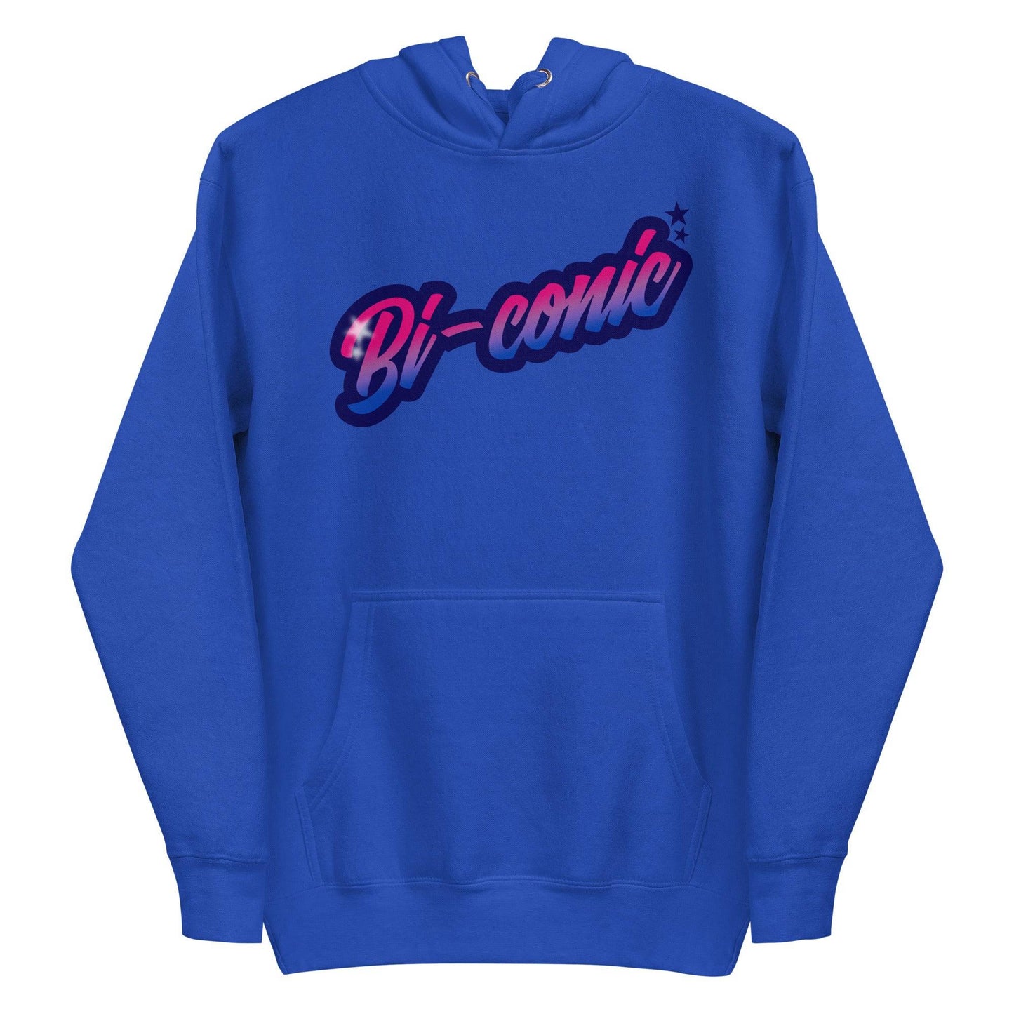 Pridelity's Bi-Conic Hoodie from our Pride Merch collection showcases the word "Bi-conic" in bold, stylized text on the front. The gradient text fades from pink to white, outlined with a dark border and highlighted by subtle stars. This blue hoodie also features a handy front pocket.