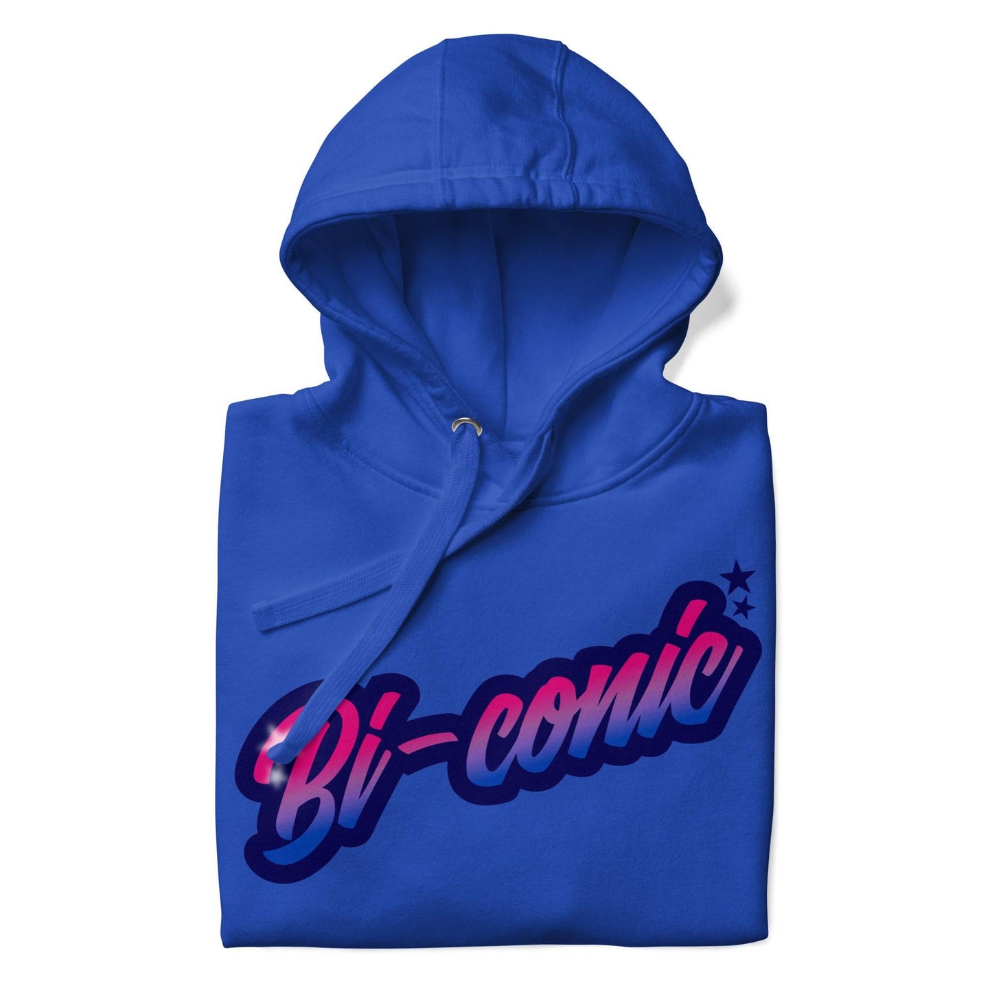 Pridelity's Bi-Conic Hoodie from our Pride Merch collection showcases the word "Bi-conic" in bold, stylized text on the front. The gradient text fades from pink to white, outlined with a dark border and highlighted by subtle stars. This blue hoodie also features a handy front pocket.