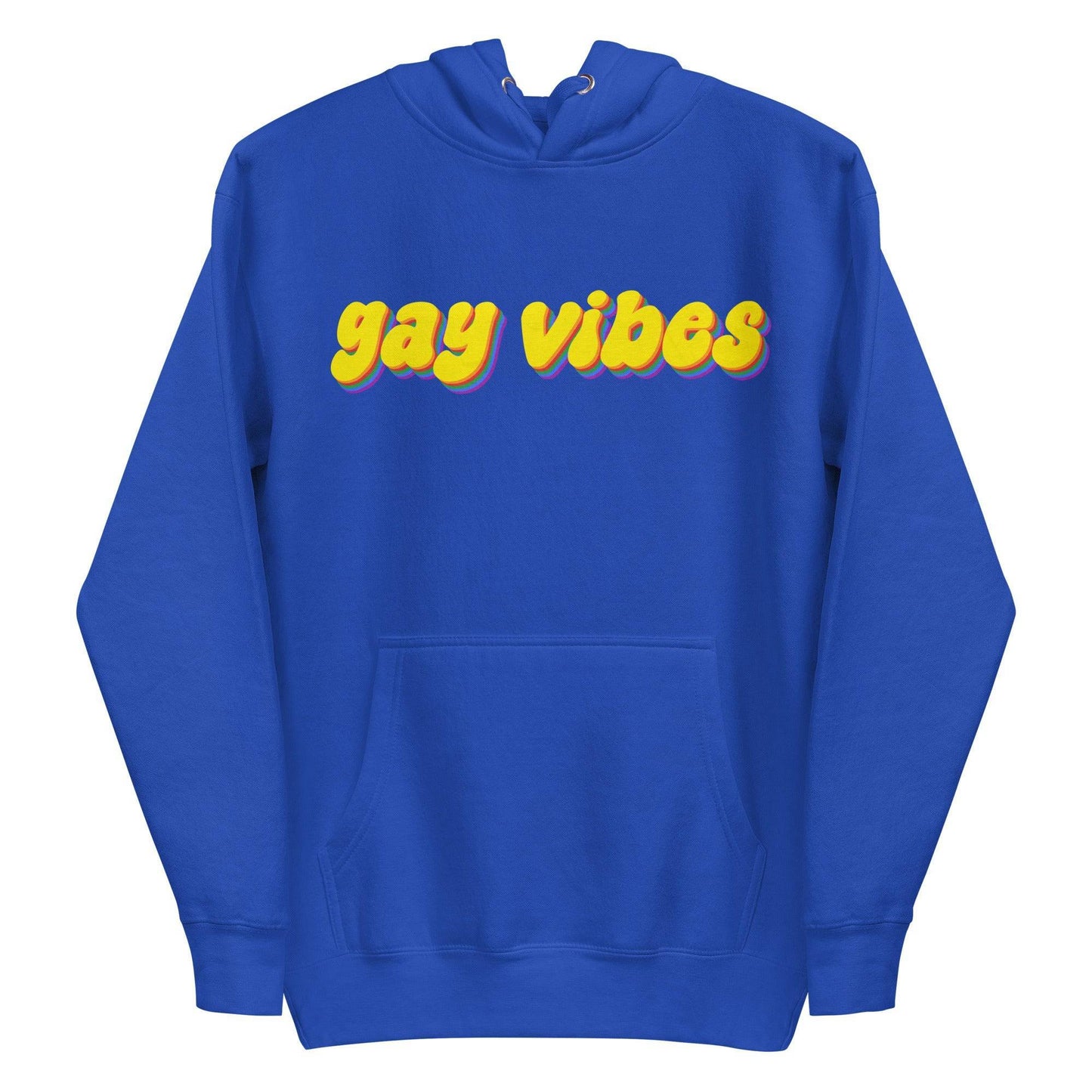 A Carbon Grey Gay Vibes Hoodie by Pridelity features the phrase "gay vibes" displayed in bold, colorful 3D-style yellow and purple text across the chest.