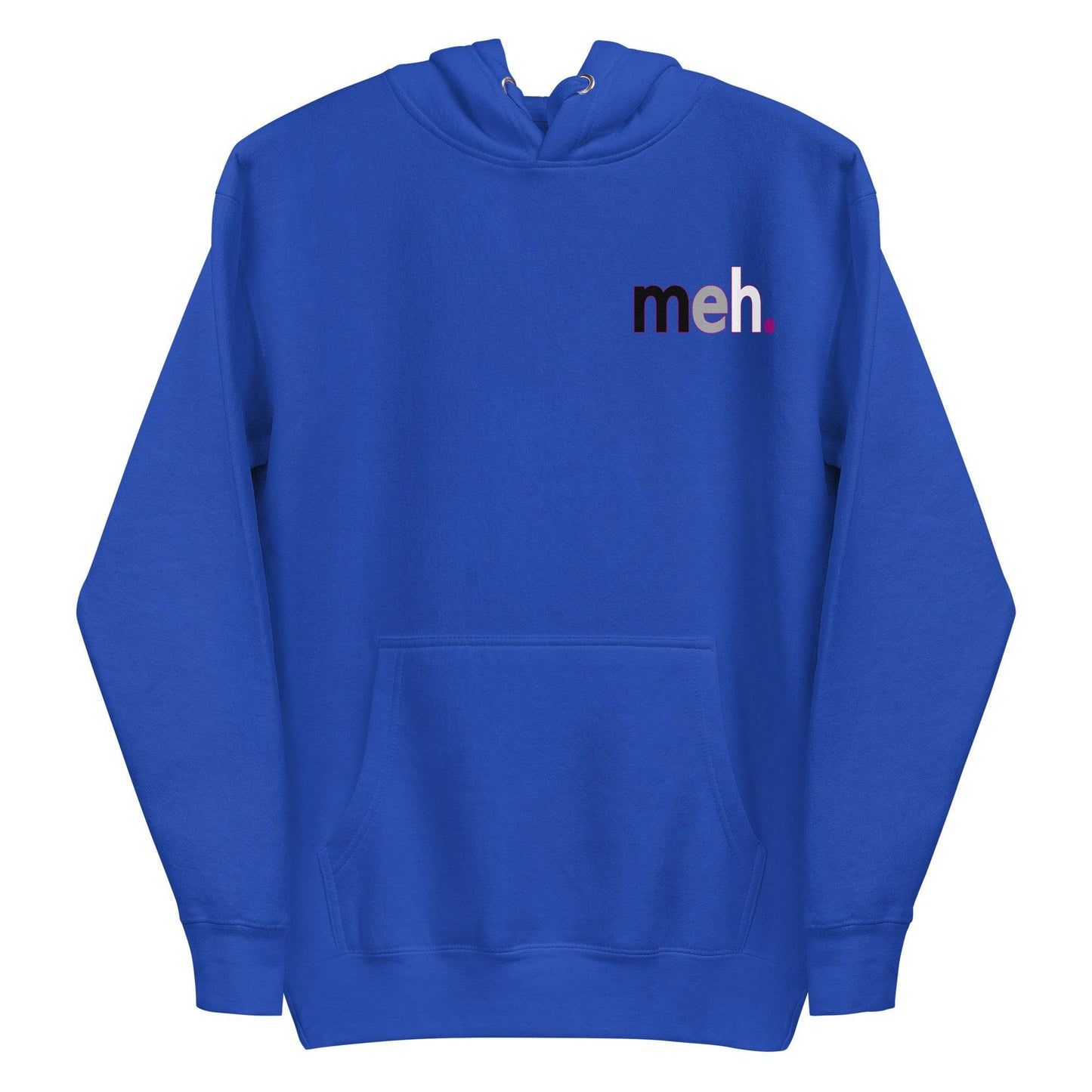 Introducing the Meh. Hoodie by Pridelity, featuring bold black and purple "meh." text on the upper left chest, reminiscent of pride shirts. This stylish white hoodie comes with a front pocket and an adjustable drawstring hood for added comfort and style.
