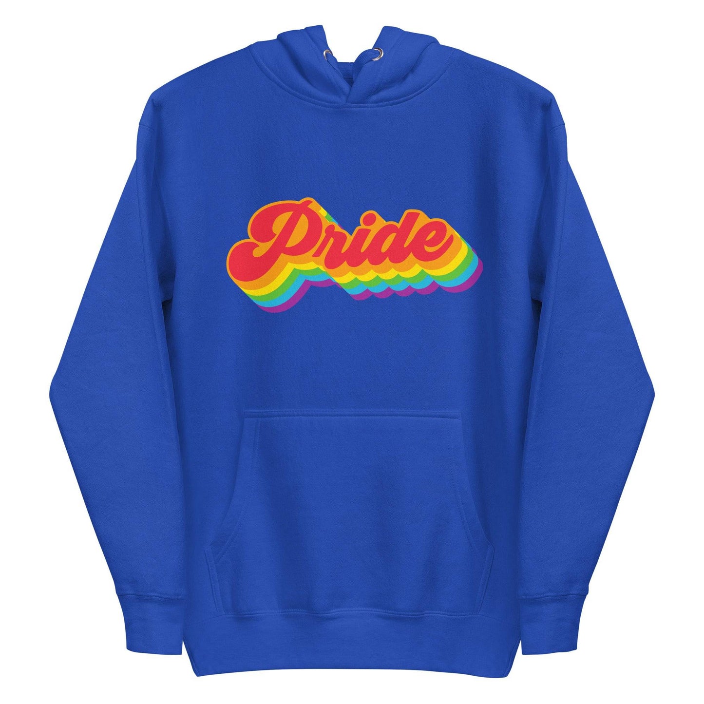 Presenting the Pride Hoodie from Pridelity, this standout piece features "Pride" in bold, colorful 3D-style letters with a striking rainbow gradient effect on its white fabric, proudly showcasing its vibrant design front and center.