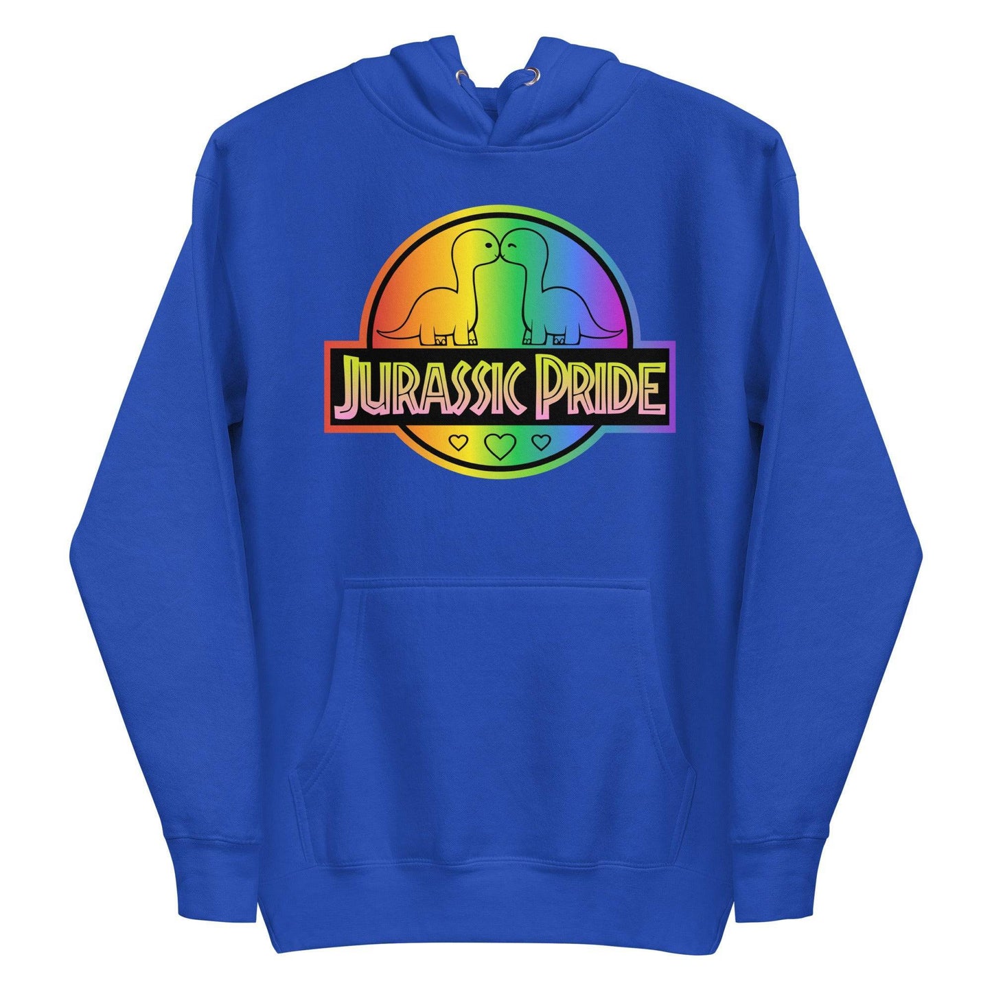 The Jurassic Pride Hoodie by Pridelity showcases a vibrant design featuring two cartoon dinosaurs facing each other inside a rainbow circle. The bold "Jurassic Pride" text beneath them, along with heart motifs, ensures it stands out among pride shirts.