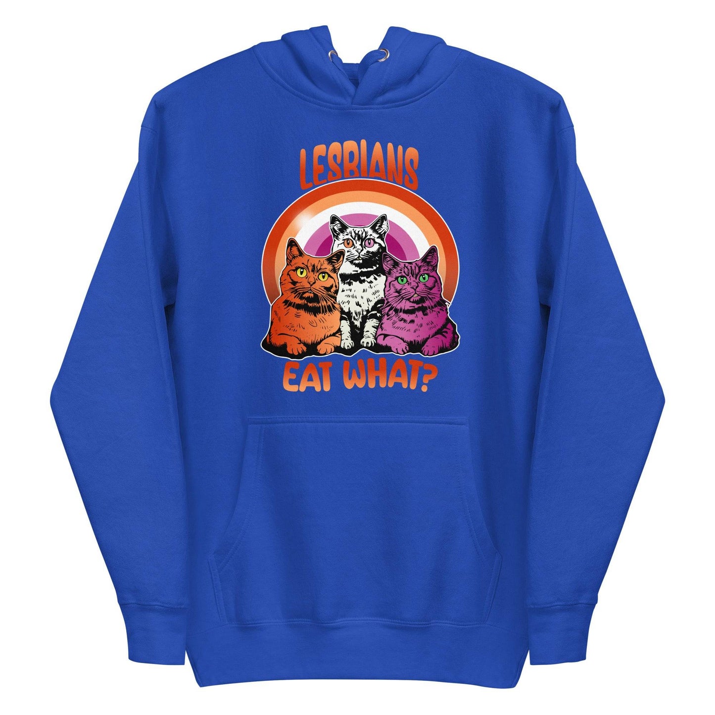 The maroon "Lesbians Eat What?" hoodie from Pridelity features three vibrant cats set against a rainbow background. The word "Lesbians" is prominently displayed above, with the humorous phrase "Eat What?" boldly written below, making it an ideal pride garment for those who want to express their style and humor.
