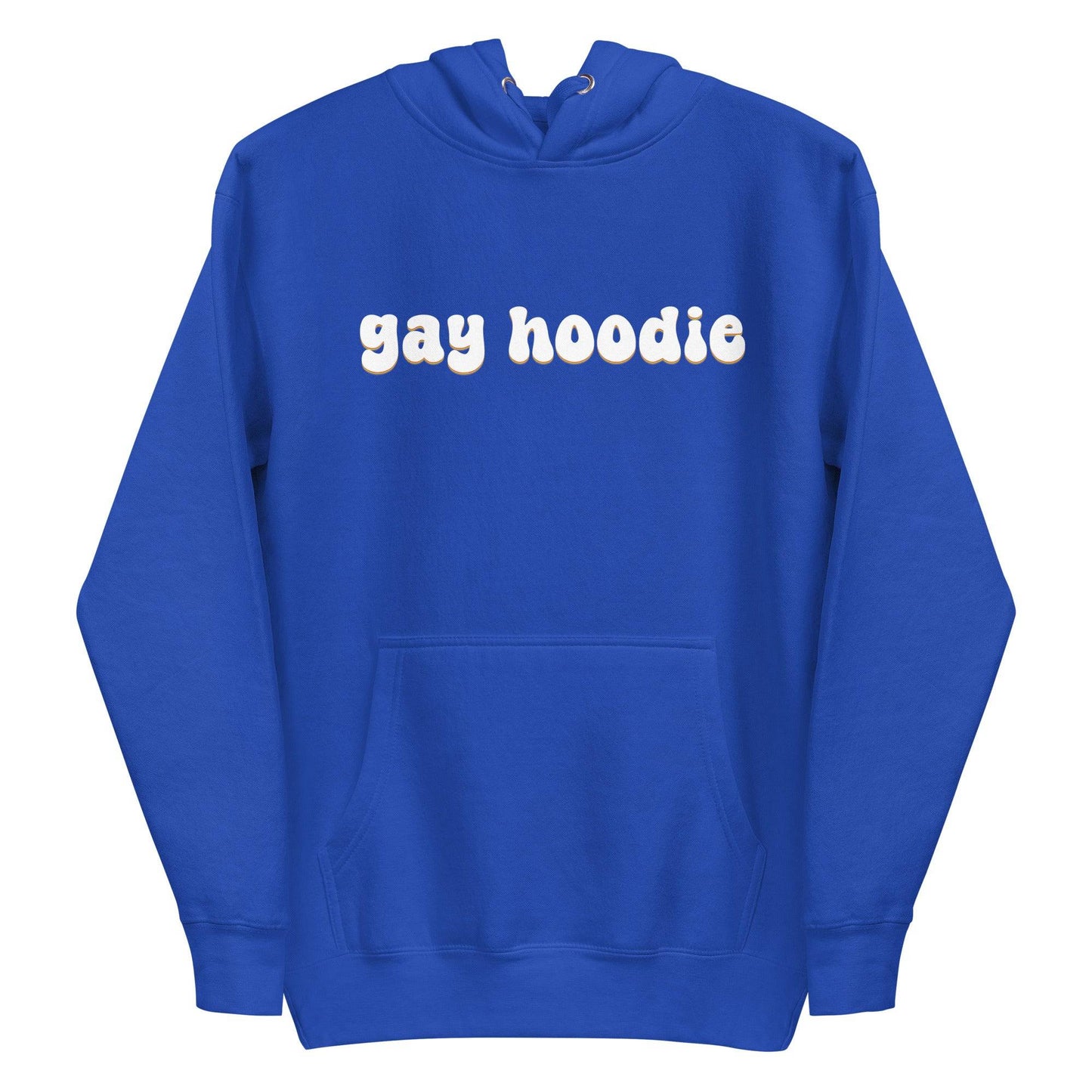Introducing the Gay Hoodie by Pridelity: A black pride hoodie featuring cream-colored text with the phrase "gay hoodie" on the front. Designed for comfort and style, it includes a front pocket and drawstrings.