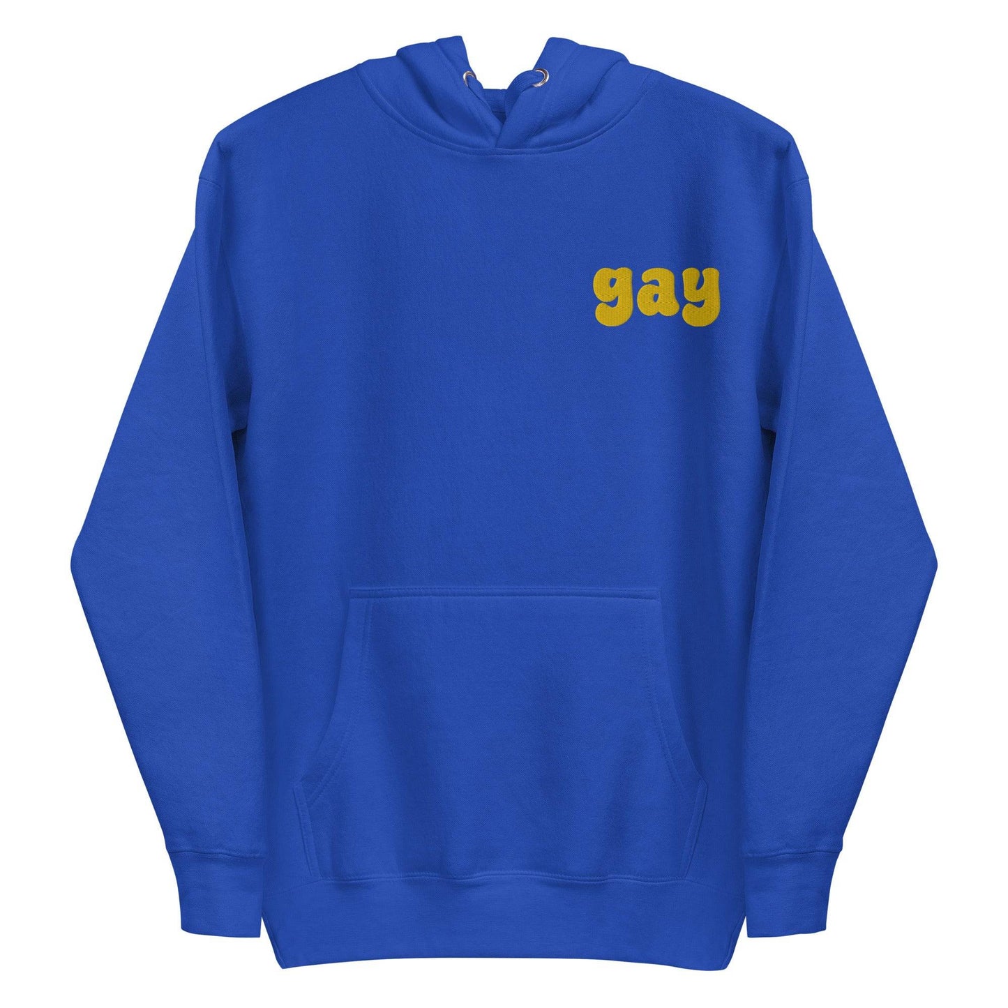 The Pridelity Gay Hoodie, featuring "gay" emblazoned in vibrant yellow text on the front, celebrates love and identity in a bold Team Royal color.