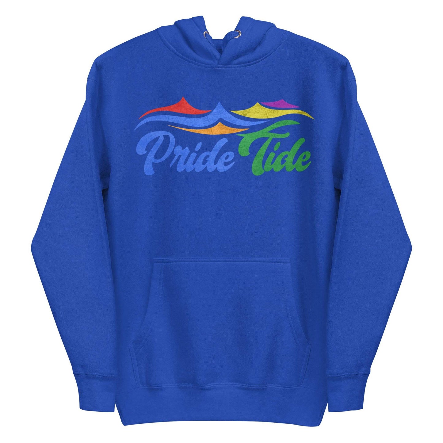 Experience the vibrant Pride Tide Hoodie by Pridelity, featuring a colorful wave design above "Pride Tide" in gradient rainbow colors on a sleek black canvas, symbolizing LGBTQ+ pride.